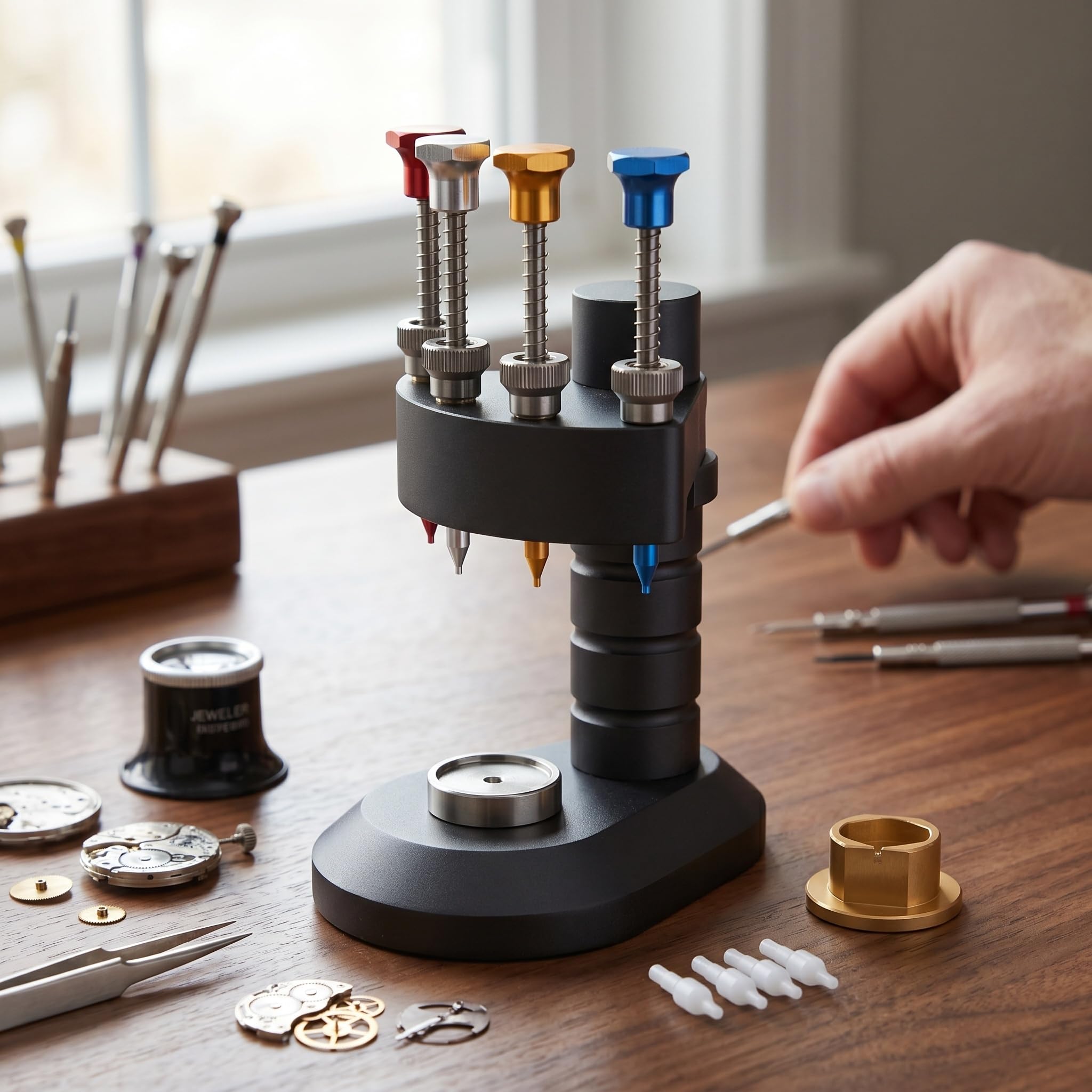 Juego de herramientas de ajuste de mano de reloj, kit de prensatelas de aluminio de 4 pines para relojeros con puntas de aguja de precisión para una reparación precisa del reloj