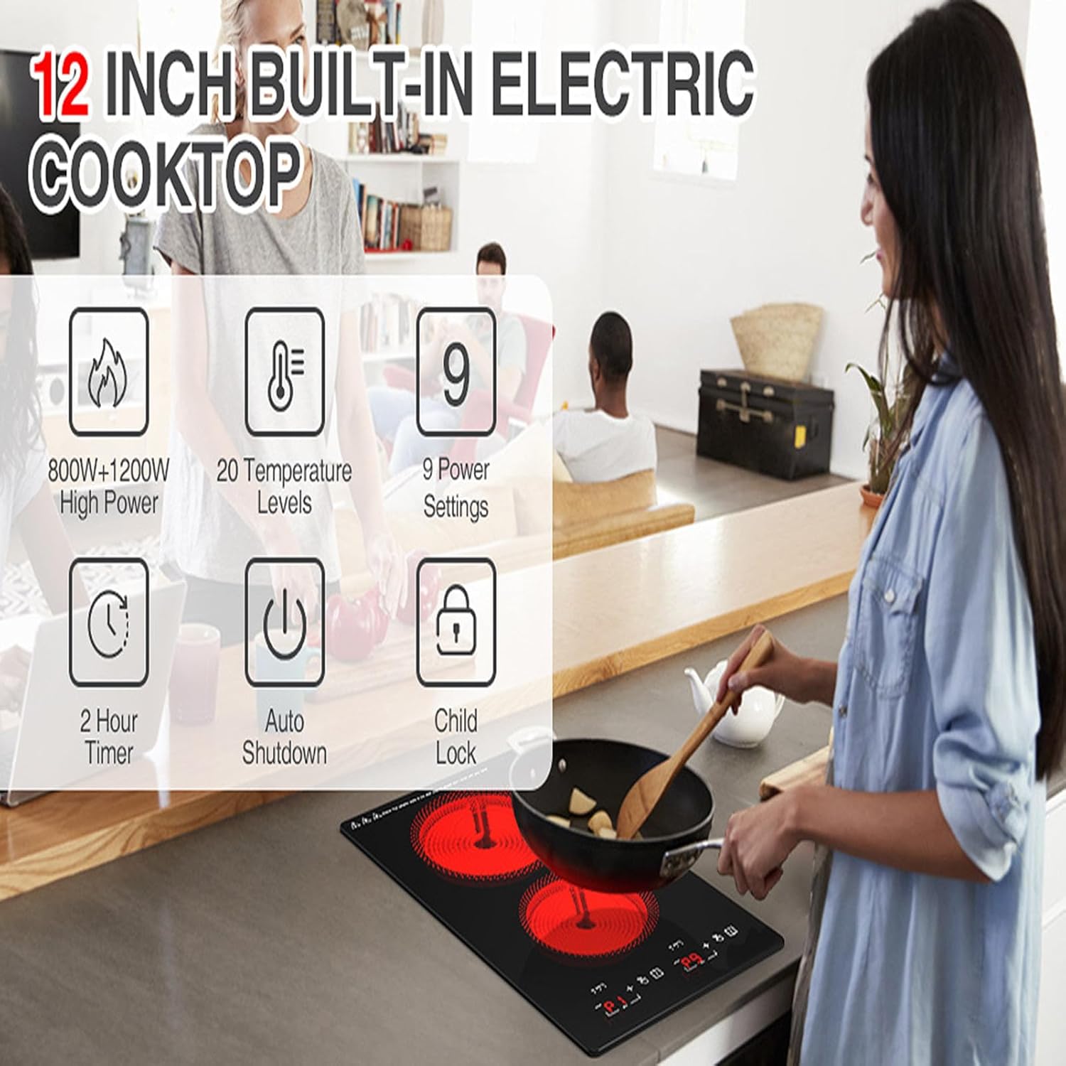 Electric Stove, 2100W Electric Stove top with knob Control, 9 Power Levels, Child Lock and Timer, hot Surfa ce Indicator, overheat Protection