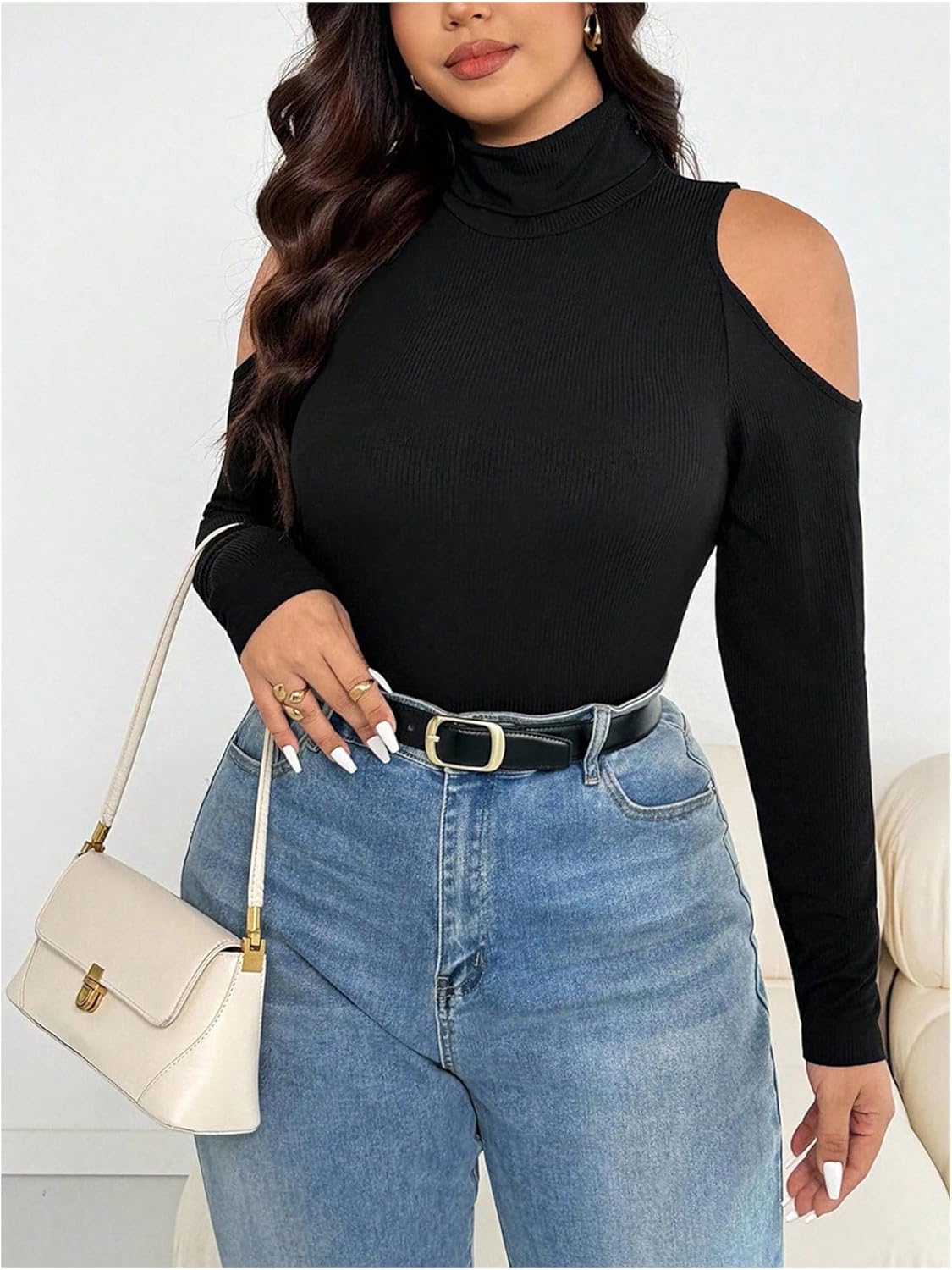 GORGLITTER Women's Plus Size Fall Tops Casual Trendy Cold Shoulder Long Sleeve Turtle Neck Fitted Tees Going Out Tops - Image 5