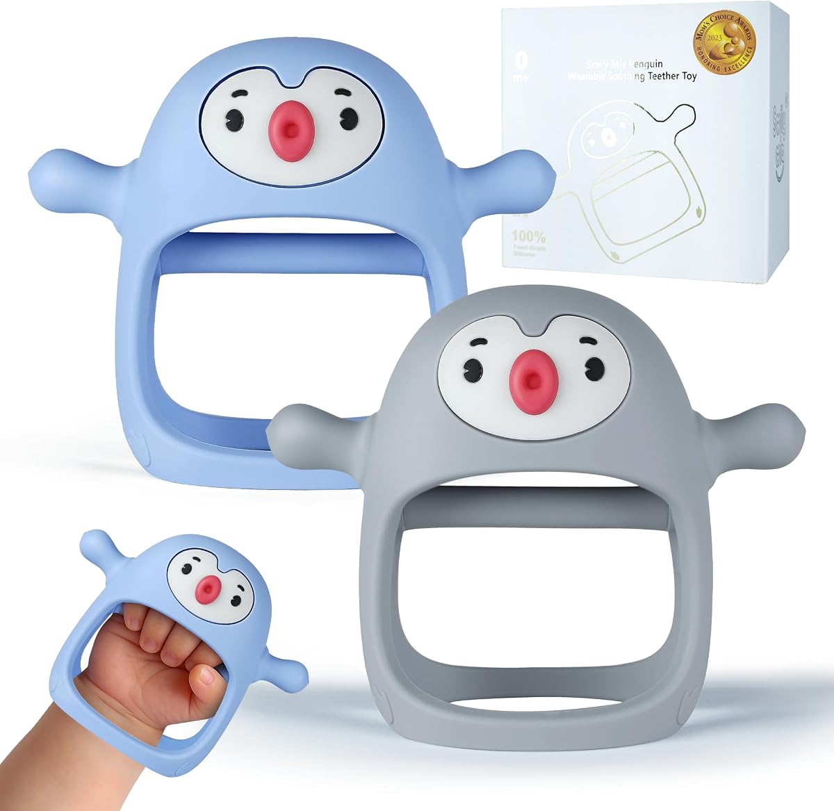 Juguetes para la dentición de bebés de 0 a 6 meses, mordedores de pingüino para bebés de 3 a 6 meses | Mordedor de mano para 0-6 meses | Manoplas para aliviar la dentición, chupete para bebé | Esenciales para recién nacidos, paquete de 2