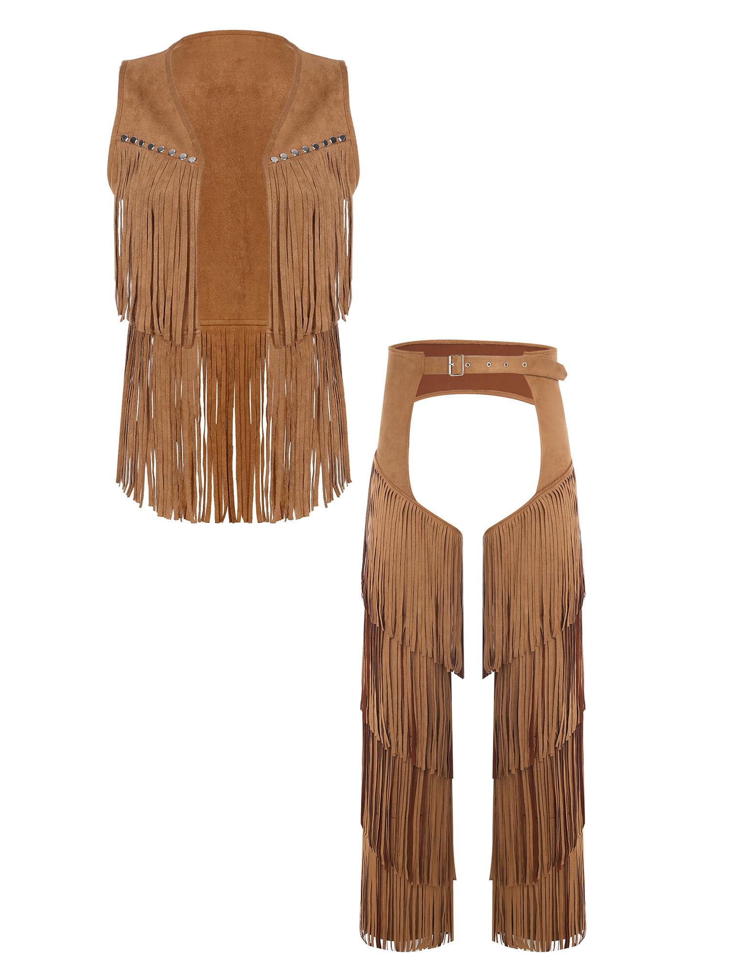 CHICTRY Men Adult Tiered Tassel Vest And Chaps 2-piece Set Bottomless Leggings Cowboy Outfit Brown XXL