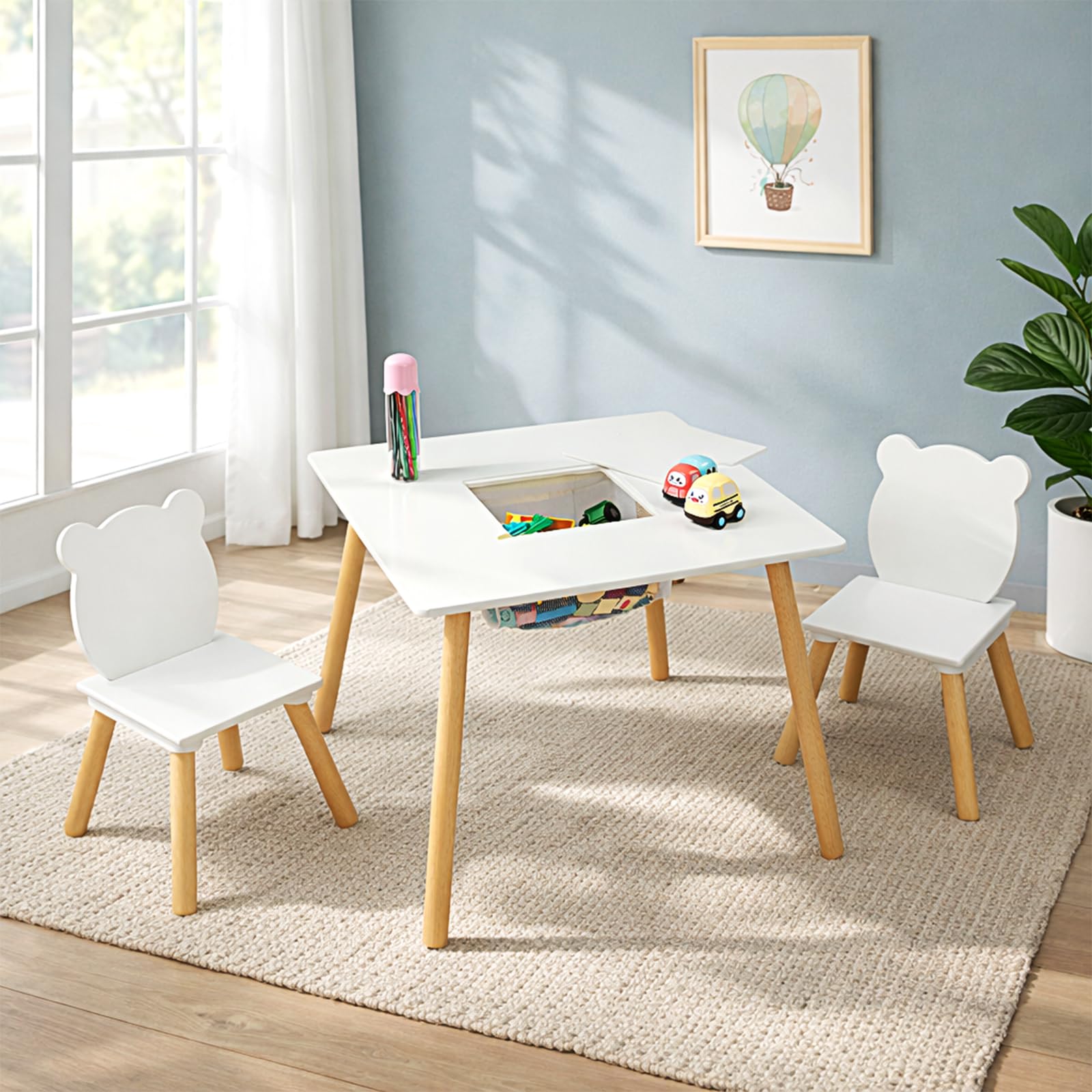 JOYMOR Kids Table and 2 Chairs Set with Storage & Removable Tabletop, Panda Ear Chairs, 3-in-1 Kids ActivityTable for Craft, Playroom Toddler Table and Chair Set for Kids 2-5