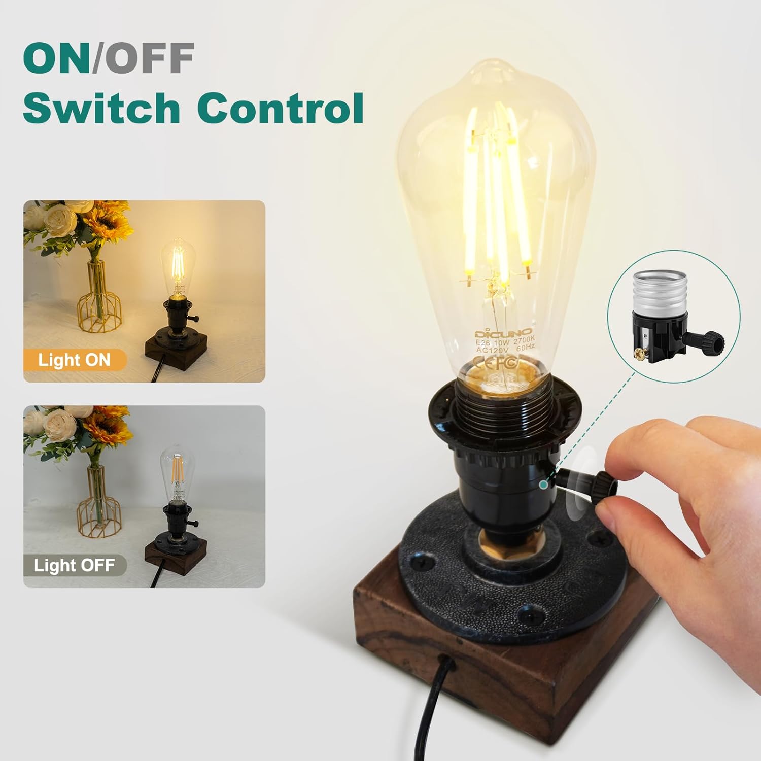DiCUNO Lamp Socket Replacement, E26 Light Socket with ON/Off Switch Knob, UL Listed, Repair Parts for Table Lamp, DIY Projects, E26 Medium Base, Black, 2-Pack