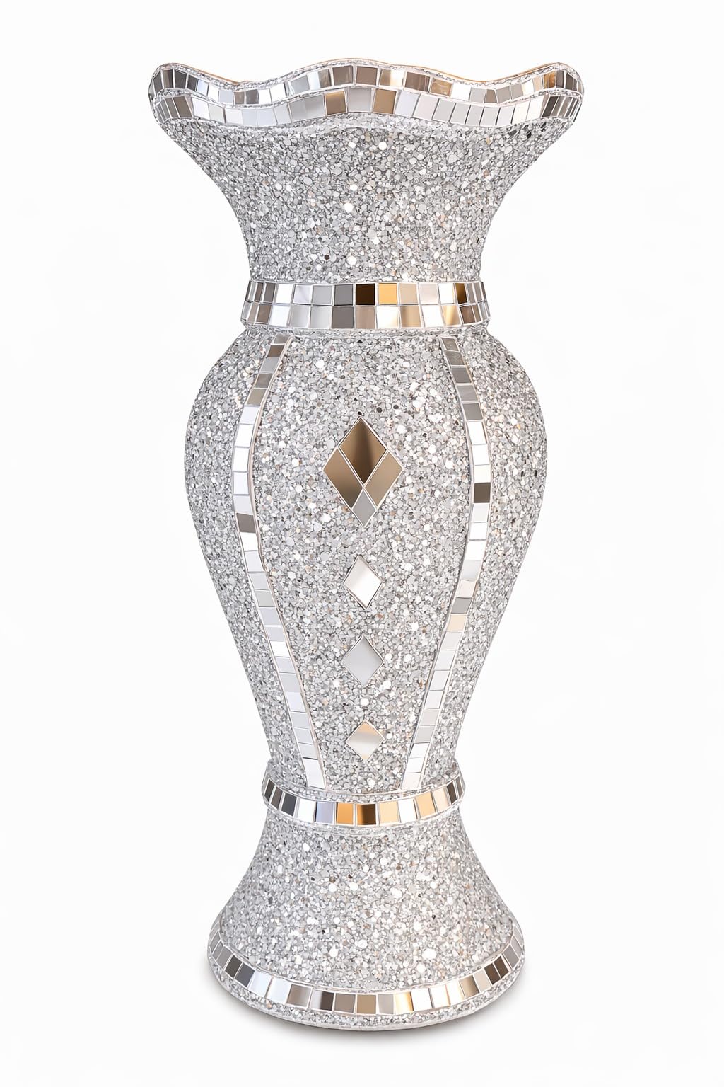 Crushed Diamond Silver Sparkle Flower Vase – 30cm Mosaic Mirrored Bling Vase Handmade Crystallized Ceramic Ornament Rhinestone Floor Centerpiece for Living Room, Dining Table, Boutique Hotel Decor