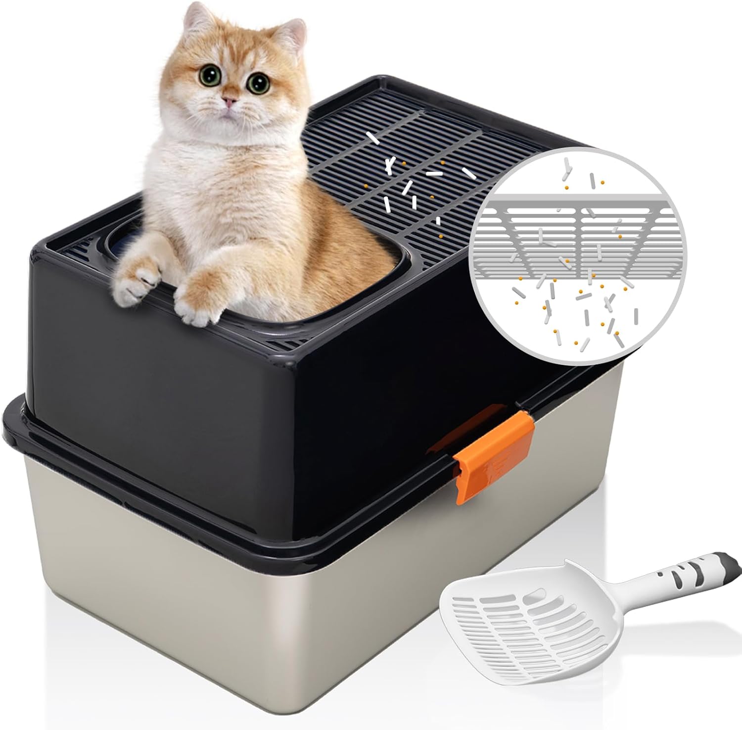 MEEXPAWS Stainless Steel Cat Litter Box Top Entry XL Large with Lid, 8'' High Side Metal Cat Litter Box for Big Cats, Top Cover with Slot, Non-Stick, Easy Clean, Include Litter Scoop Blue
