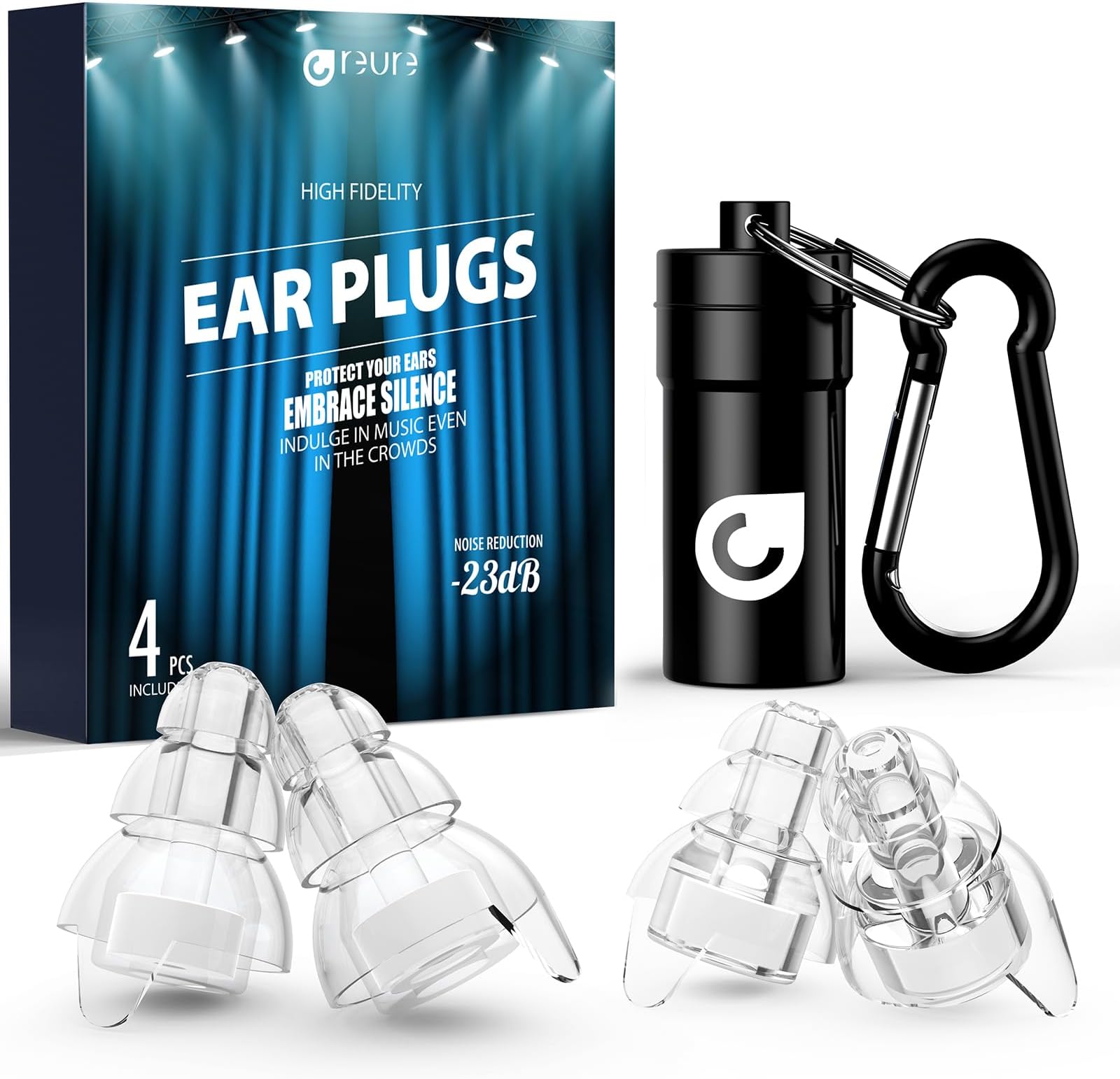 Reure High Fidelity Concert Ear Plugs, Noise Cancelling Silicone Ear Plugs 2 Pairs Great for Concerts Loud Music, Musicians, Motorcycles, Airplanes, Raves, Hearing Protection -23 dB