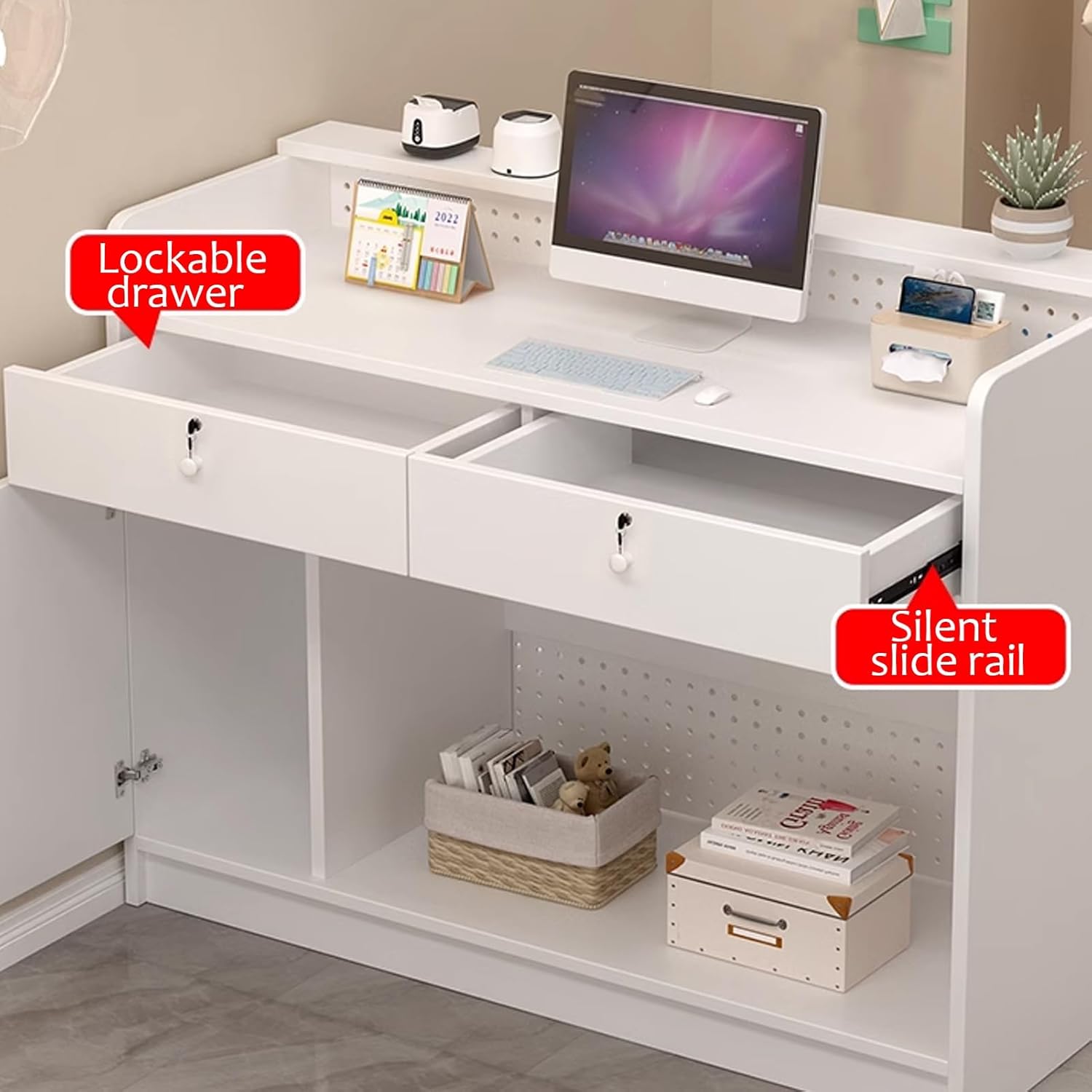 JKGHK Reception Desk, Modern Front Desk Reception Room Table with Perforated Board, Retail Checkout Counter with Lockable Drawers, for Retail, Lobby, Beauty Salon(Brown,23.6in/60cm)