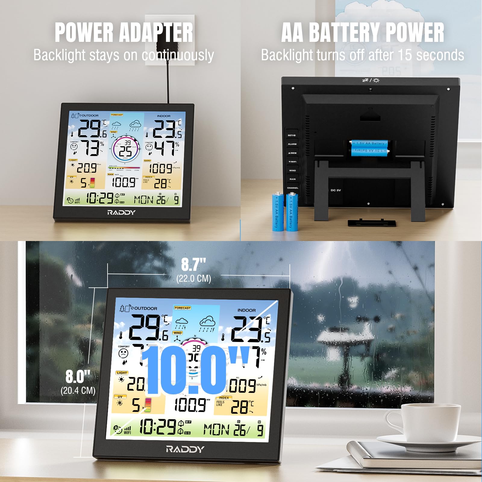 Raddy WF-120C WiFi Estación meteorológica profesional inalámbrica, Monitor de temperatura y humedad para interiores y exteriores con sensor exterior 7 en 1, Pronóstico del tiempo e índice UV