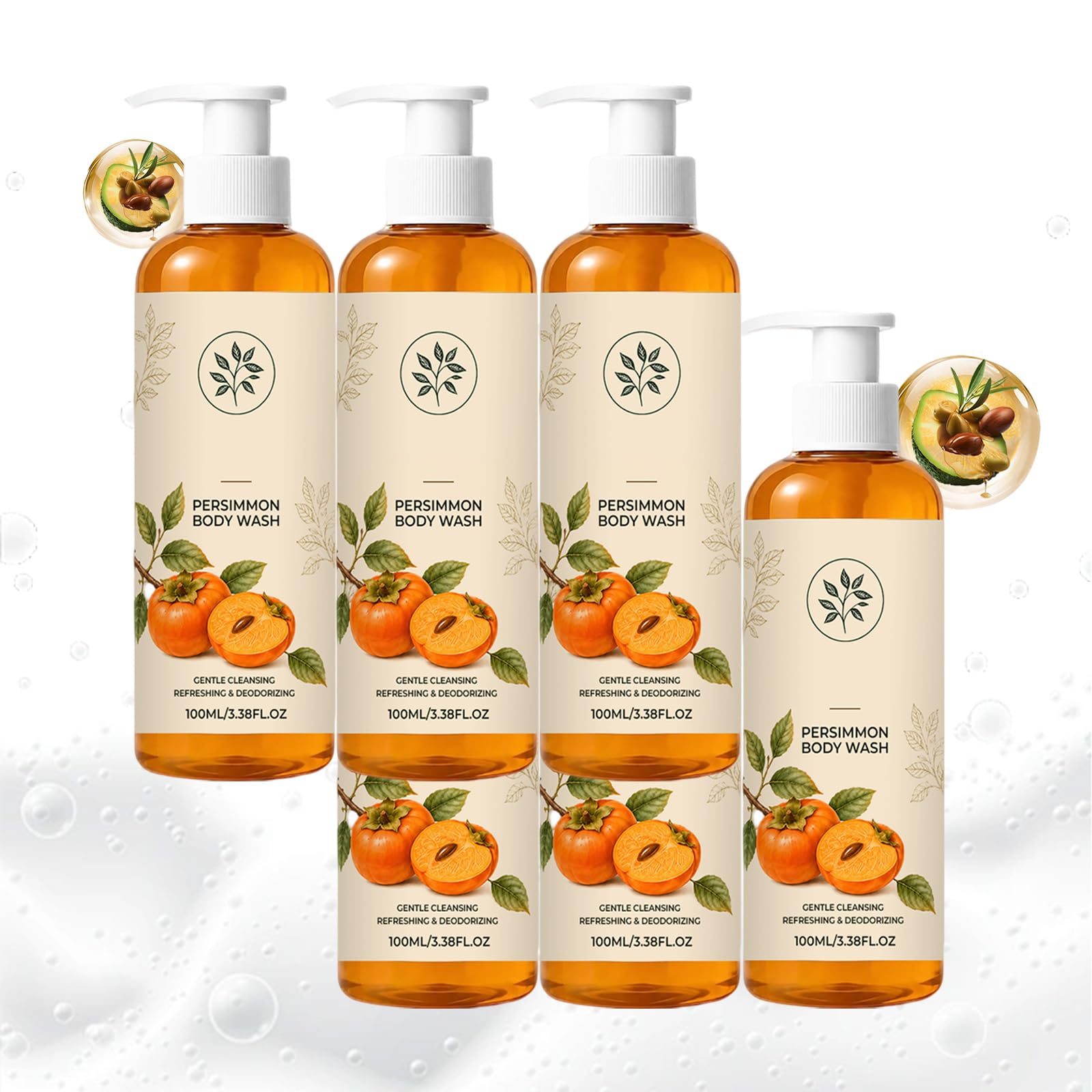 Gel doccia deodorante al cachi per pelli mature, idratante, naturale, per eliminare gli odori del corpo, detergente delicato e deodorante per l'uso quotidiano, per uomini e donne. 6 pezzi