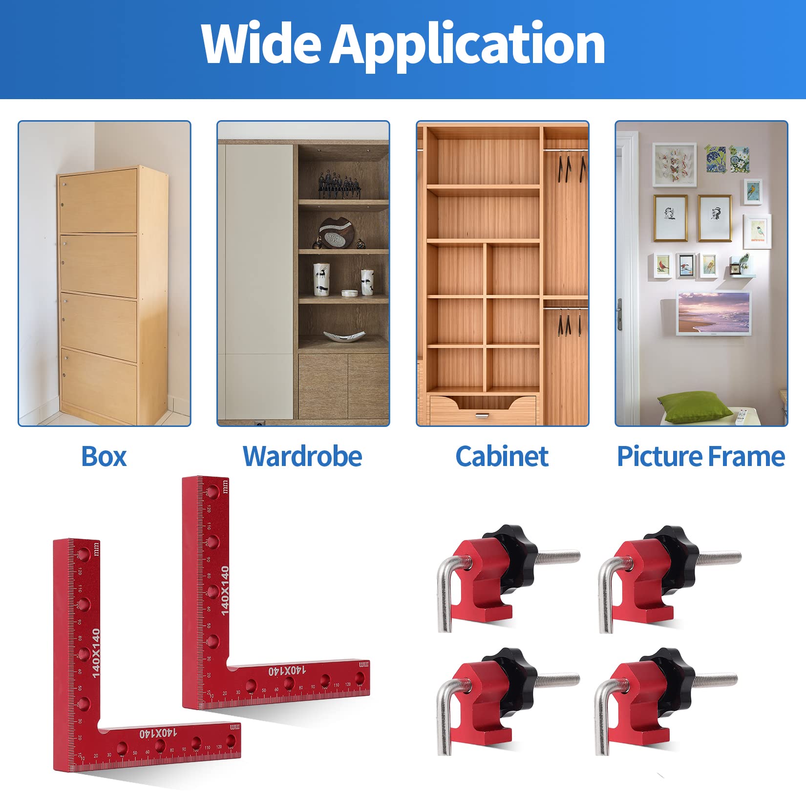 W B D WEIBIDA Serre Joint Menuisier en Aluminium, Angle à 90 Degrés, Lot de 2 Équerres de Positionnement de type L, 140mm x 140mm, Pour Les Armoires, Le Cadre Photo, Les Tiroirs, Boîte