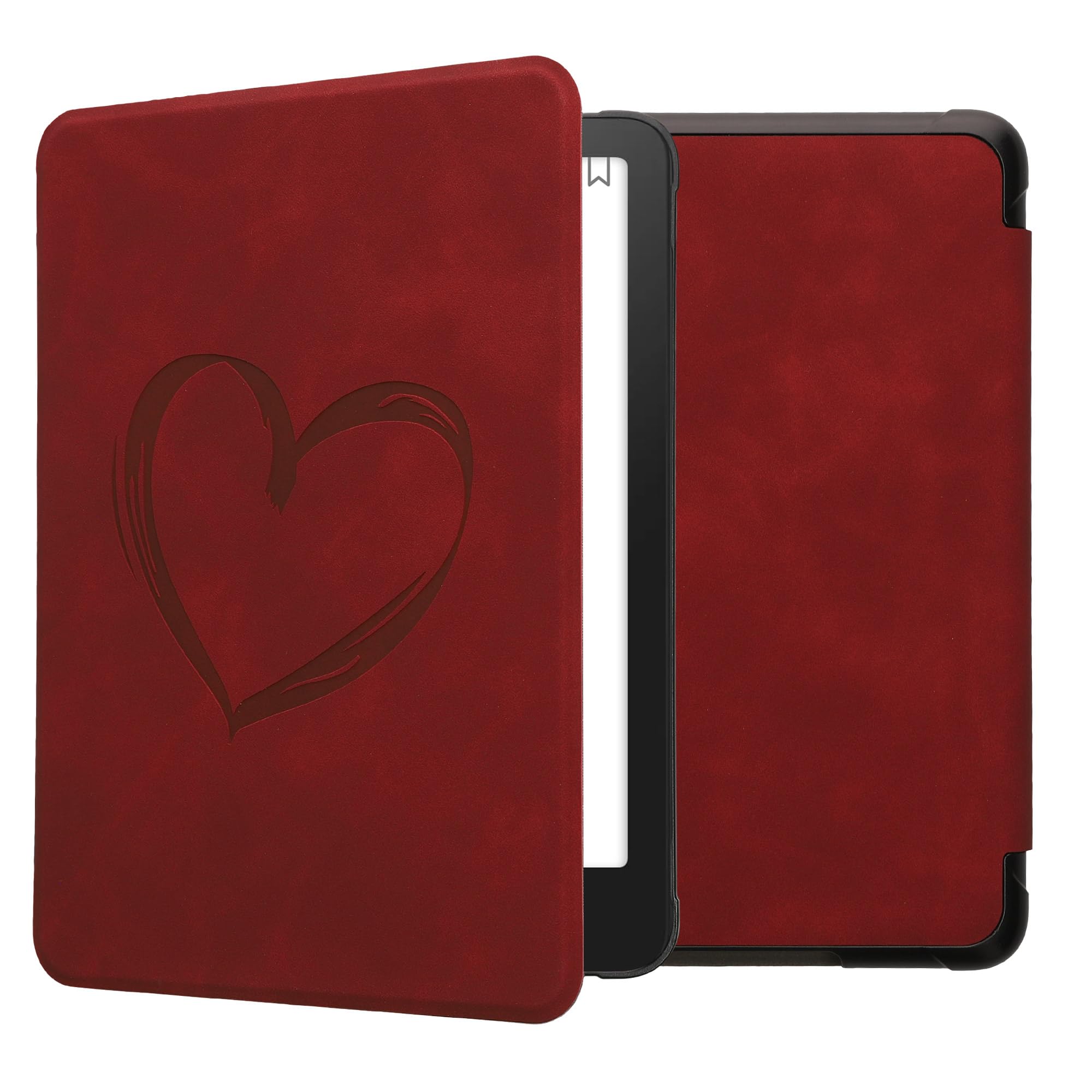kwmobile Etui na czytnik e-booków kompatybilne z Amazon Kindle Paperwhite (2024)/Colorsoft - Etui ze sztucznej skóry z podstawką - Brushed Heart w ciemnoczerwonej czerwieni