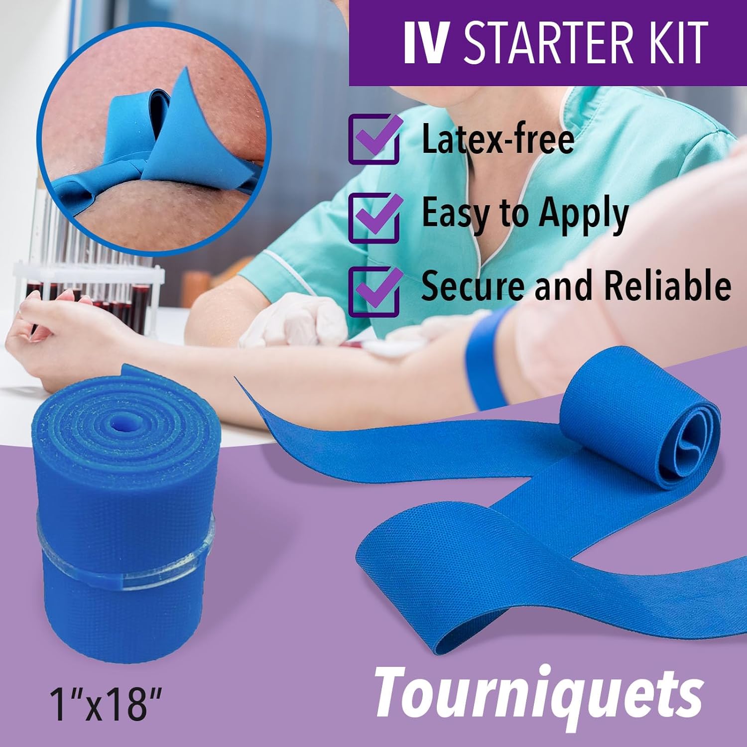 Omnia IV Starter Kit with Gauze/Chlorascrub Swab LF | 50 Pcs Latex-Free Tourniquets | Posi-Guard Catheter Securement Device & Transparent Window Dressing