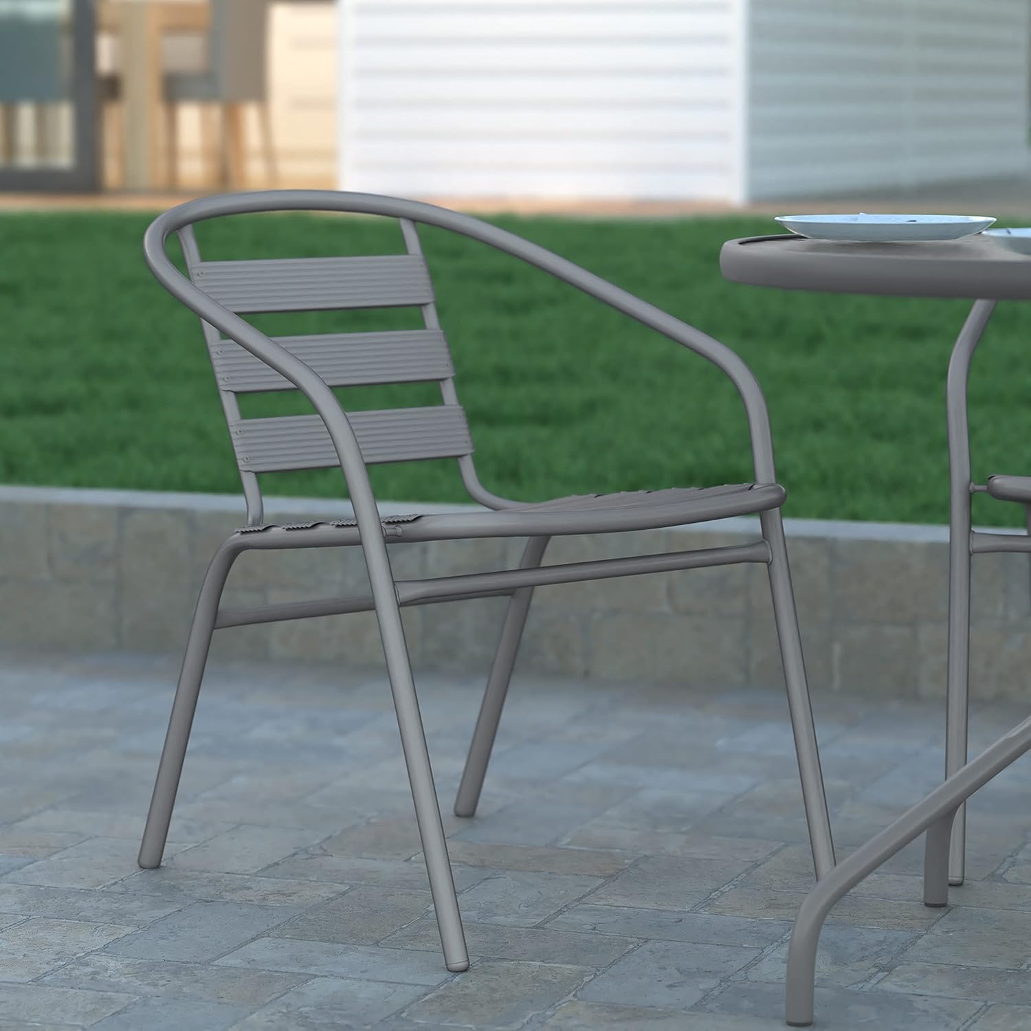 EMMA + OLIVER Jens Stacking Metal Dining Chair - Indoor/Outdoor Dining Chair with Triple Slat Back and Armrests - Dry Assist Slats - Silver