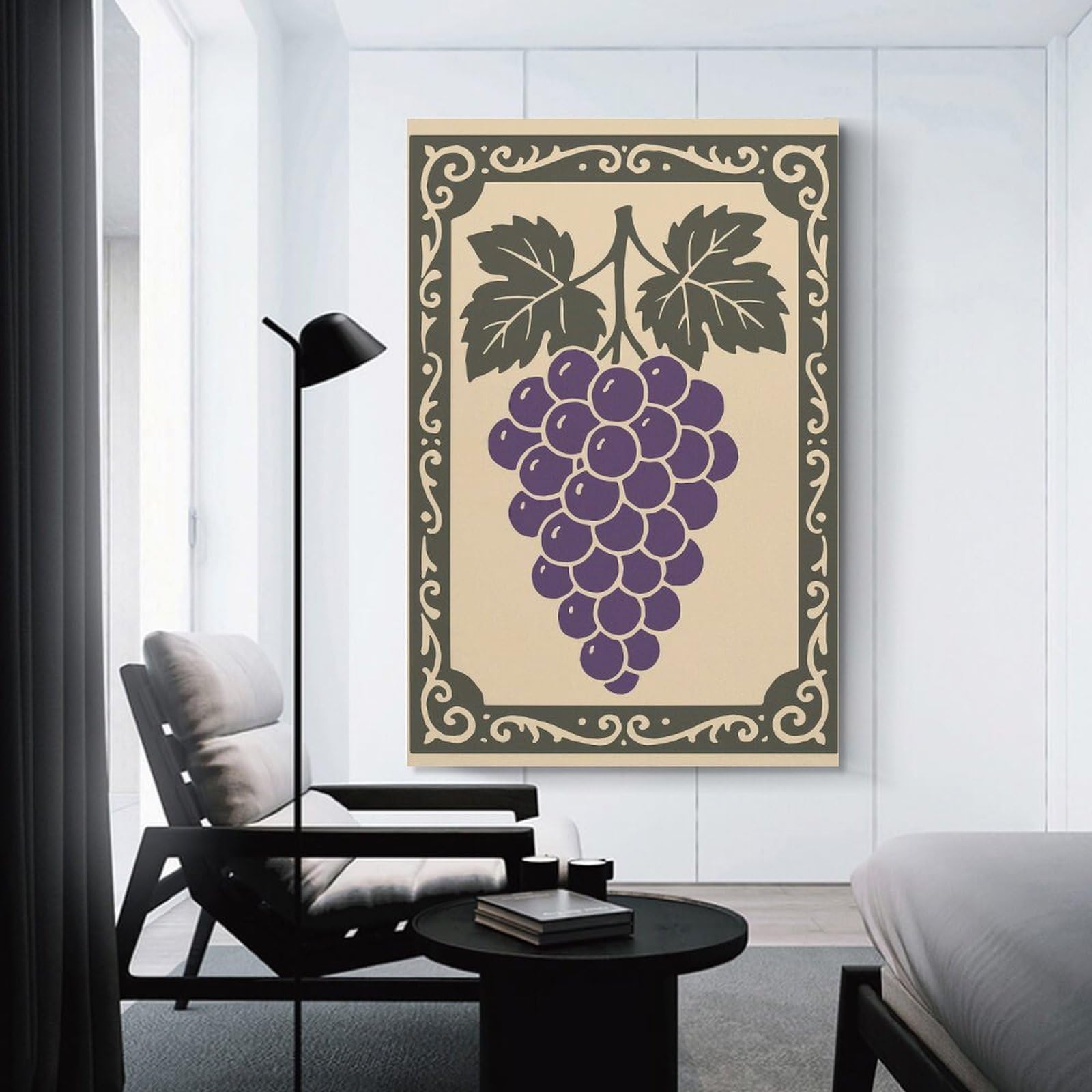 Junmoney Unframe-Style-6 Purple Grapes Illustration With Decorative Border Canvas Wall Decor, 24X36inch(60X90cm), For Gallery Wall Decor And Room Displays, Wall Decor Suited To Curated Displays