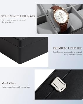Watch Box with 12 Slots,Watch Storage Box with Glass Lid,Watch Case with Removable Watch Pillows,Metal Clasp,Gift Idea, Black Synthetic Leather, Grey Lining