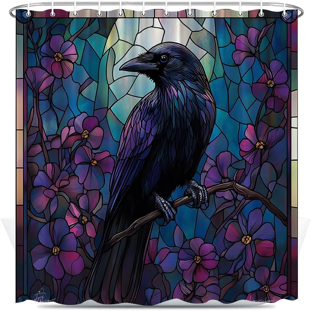 Glass Painted Black Raven Shower Curtain Purple Floral Gothic Crow Halloween Horror Castle Vintage Abstract Art Bathroom Decor Set Polyester Fabric with Hooks 70X88 Inch