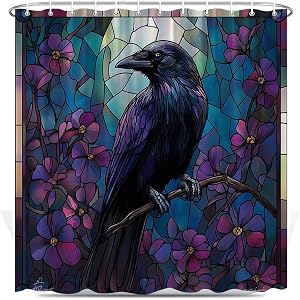Glass Painted Black Raven Shower Curtain Purple Floral Gothic Crow Halloween Horror Castle Vintage Abstract Art Bathroom Decor Sets Polyester Fabric with Hooks 70X70 Inch