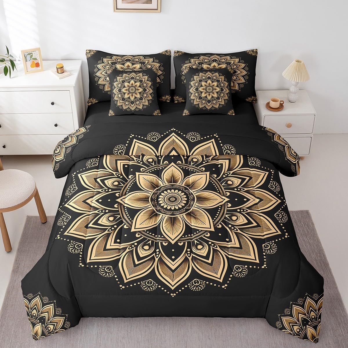 7 Pieces Bohemian Mandala Bedding Comforter Sets Aesthetic Floral Bed in a Bag for Girls Boys, Black and Orange Queen Bedding Sets Chic Flower Comforter Set, Hippie Paisley Bedding Sets & Collections
