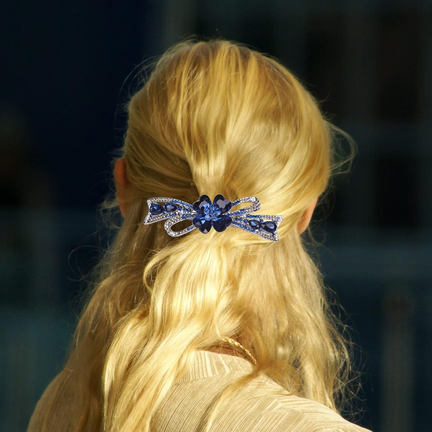 Flower Hairpin Rhinestone Hair Clips Hair Jewelry Barrettes for Women Gifts for Girls Fashion Hair Accessories for Wedding Party(Dark Blue) - Image 7