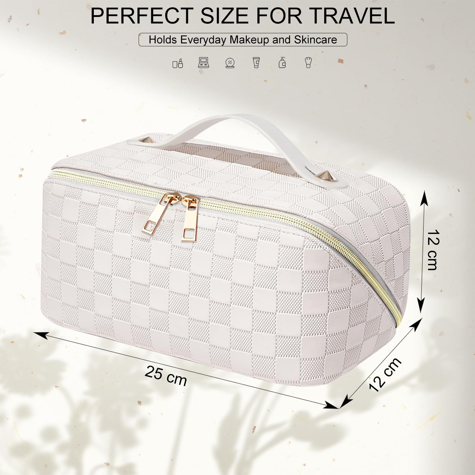 Beauty Case Donna,Trousse Trucchi Donna Borsa Cosmetica da Viaggio in Aggiornata Pelle PU,Borsa Porta Trucchi da Toilette Makeup Bag Organizer(Scacchi-Bianco)