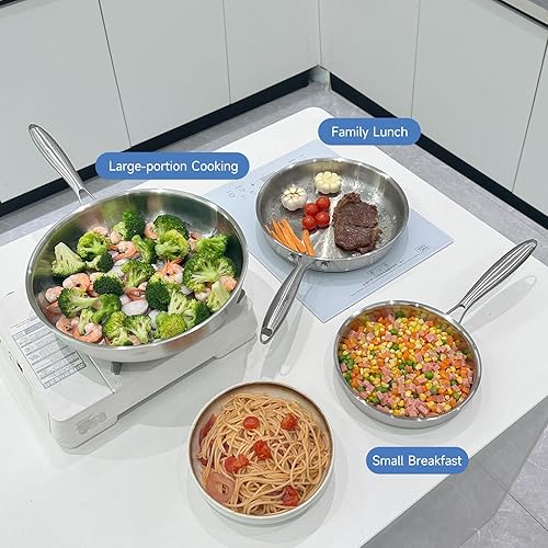 Miniatura 3 de Juego de sartenes de acero inoxidable de tres capas de 8 pulgadas, 10 pulgadas, 12 pulgadas, sartén grande para utensilios de cocina de chef, apto