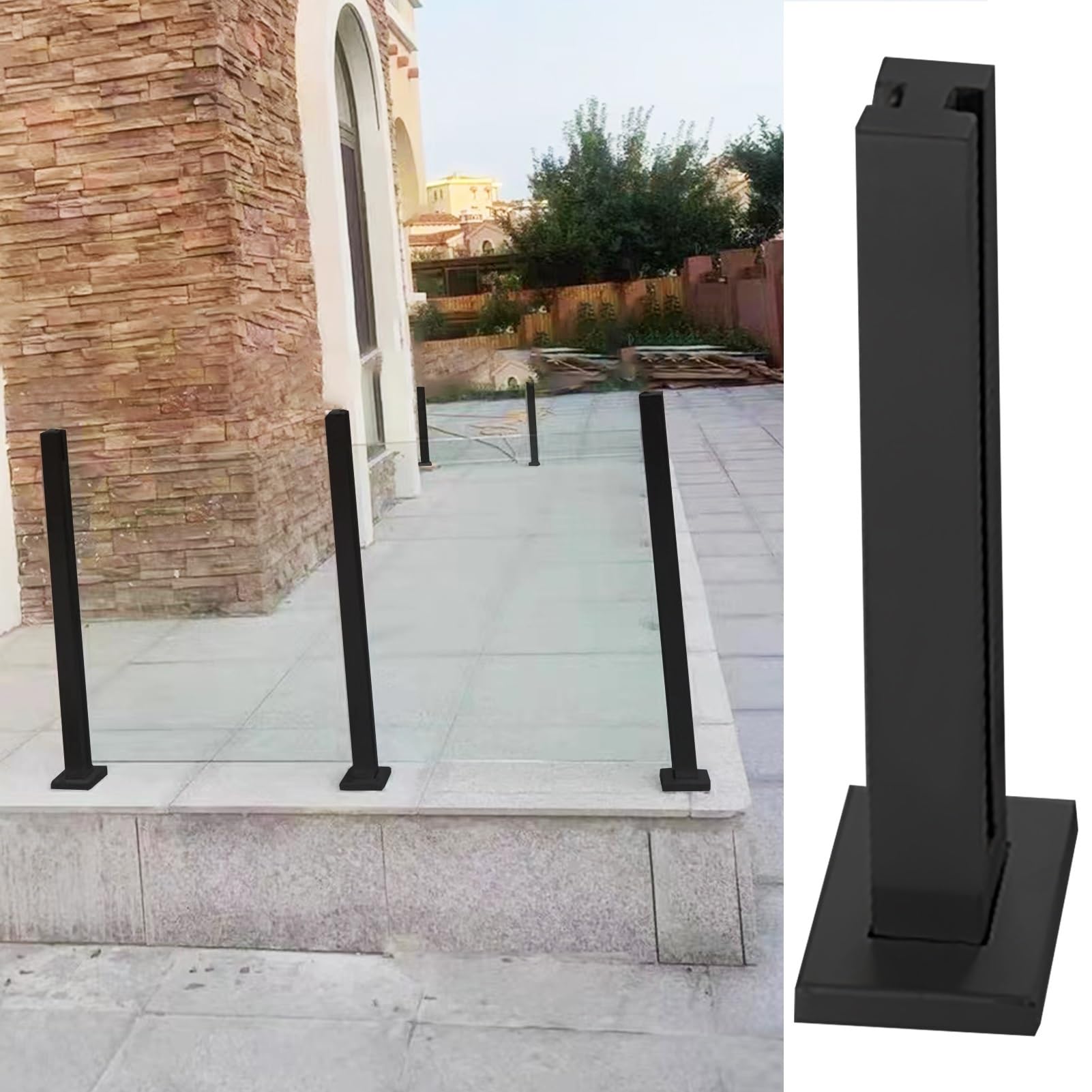 Paletti per ringhiere in vetro nero per terrazze esterne, pali per recinzioni in vetro con base e viti, elegante barriera in vetro per terrazze e giardini