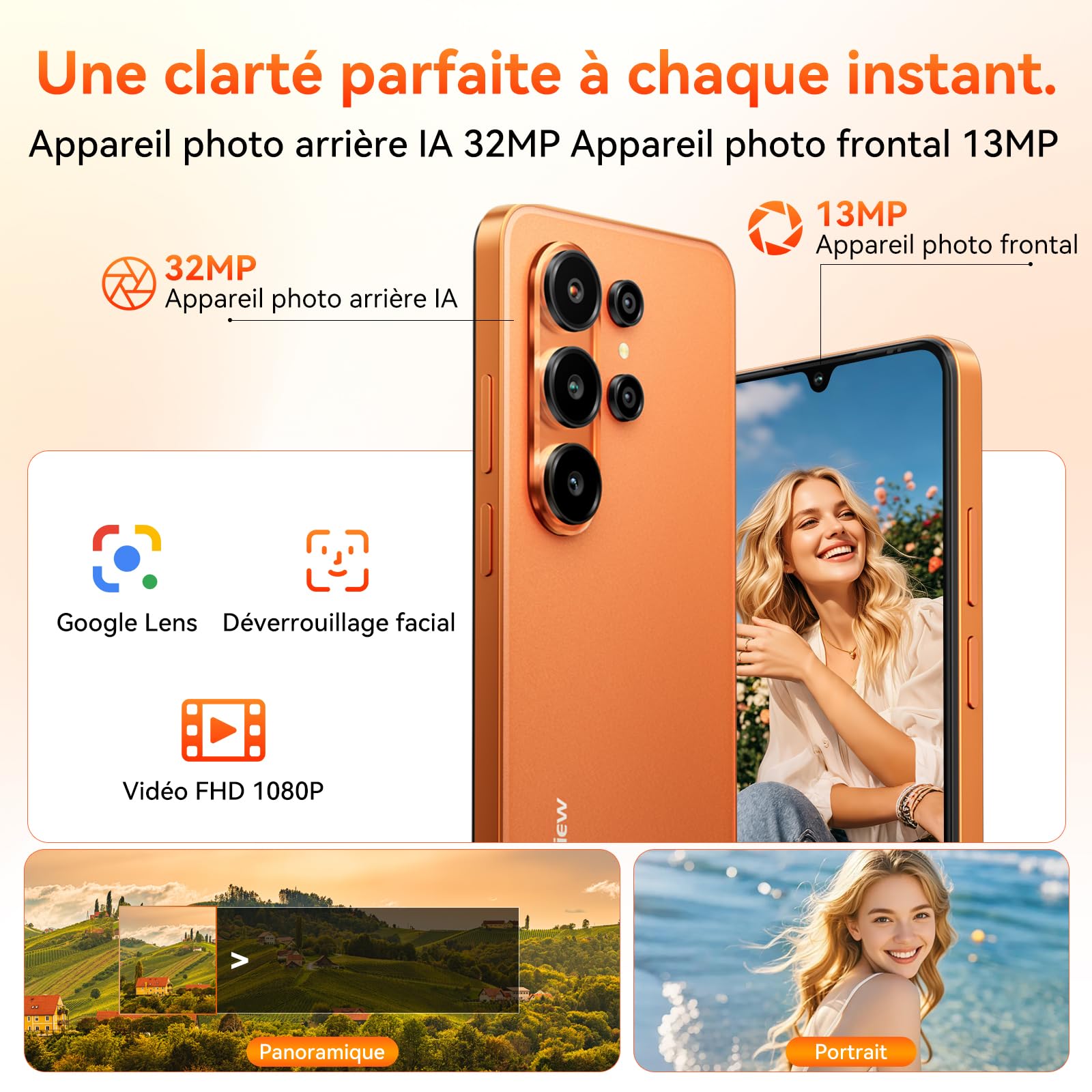 Blackview Wave 10C Telephone Portable 6,88" HD+, Smartphone Android 16, 16+32Go (ext 1To), Double SIM, 5000mAh, 32+13MP, Face ID/GPS/OTG, Compatible Orange, SFR, Bouygues, Free Mobile – Noir