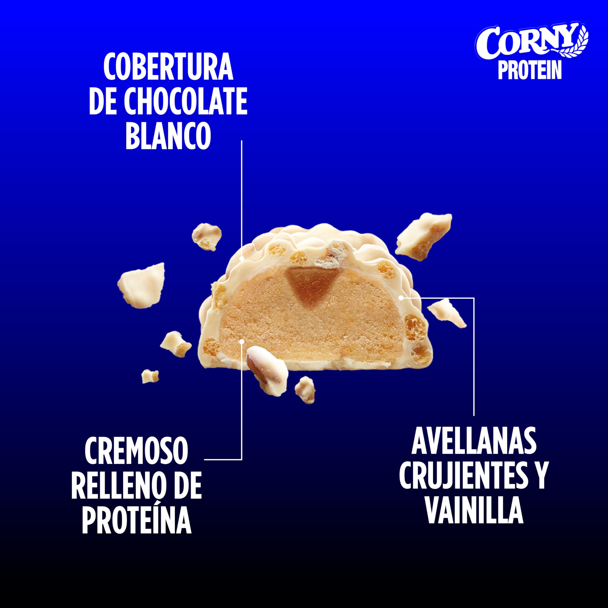 Barritas de Proteínas, Corny Protein, Crunchy Chocolate Blanco Sabor Vainilla, 13,5 gr de Proteínas, 0% Azúcares Añadidos - Pack 12x45 g Taste the Power