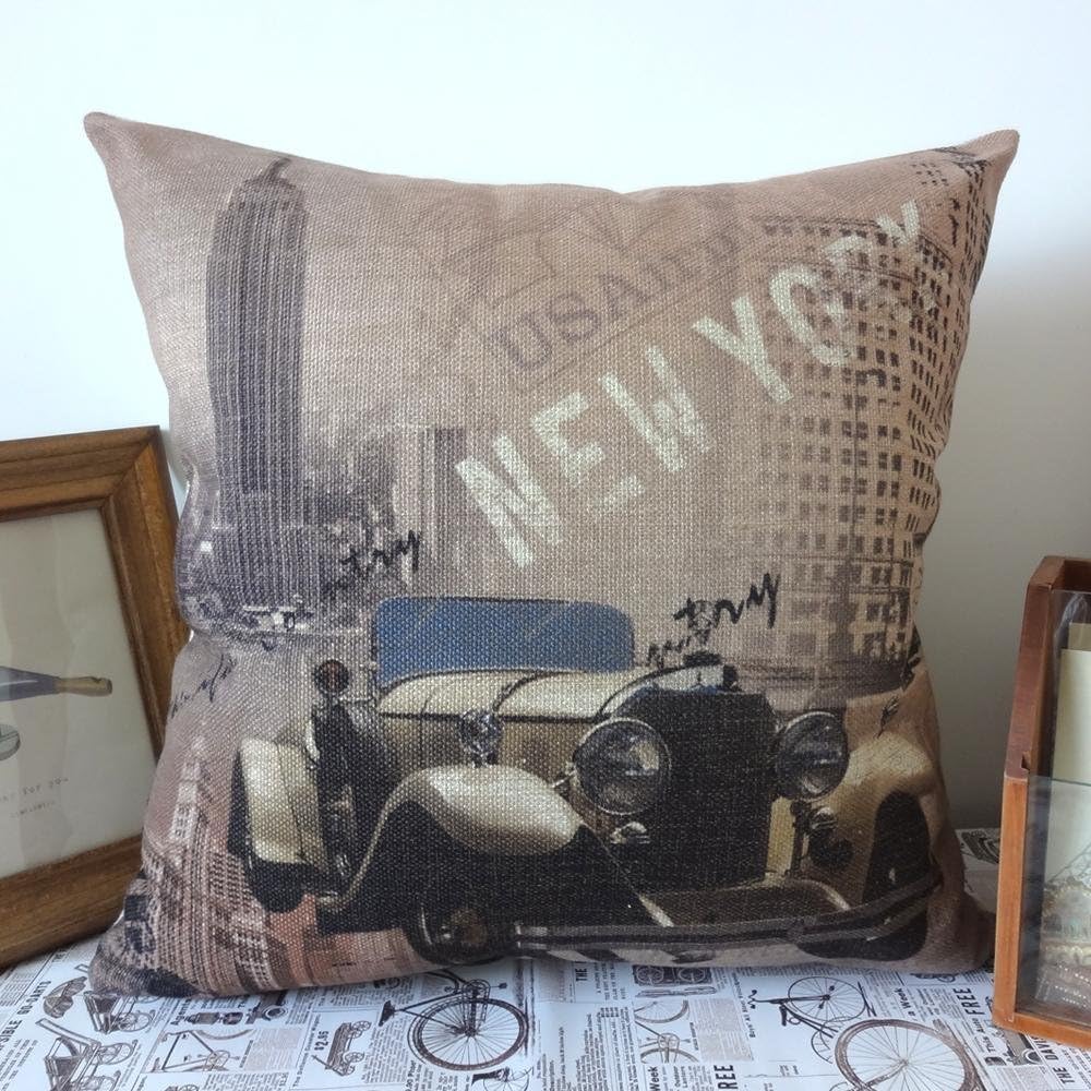 LINKWELL 45x45cm Retro Empire State Building New York Old Car Linen Cushion Covers