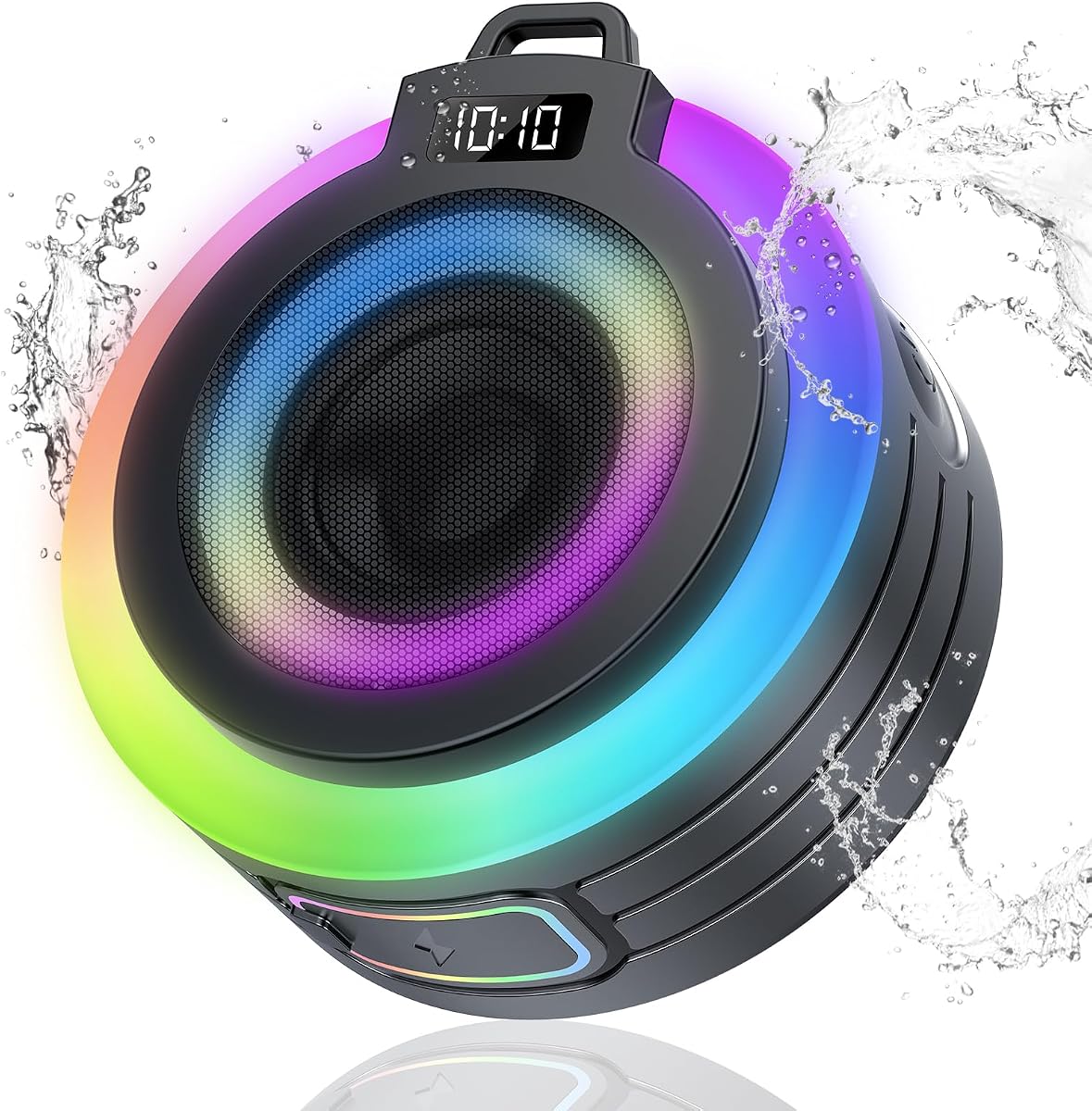 Altavoz de ducha Bluetooth con sonido estéreo con ventosa, micrófono incorporado | Altavoz Bluetooth portátil con cordón, altavoces inalámbricos impermeables IPX7 Bluetooth 5.4 para baño/fiesta/playa/regalo, negro