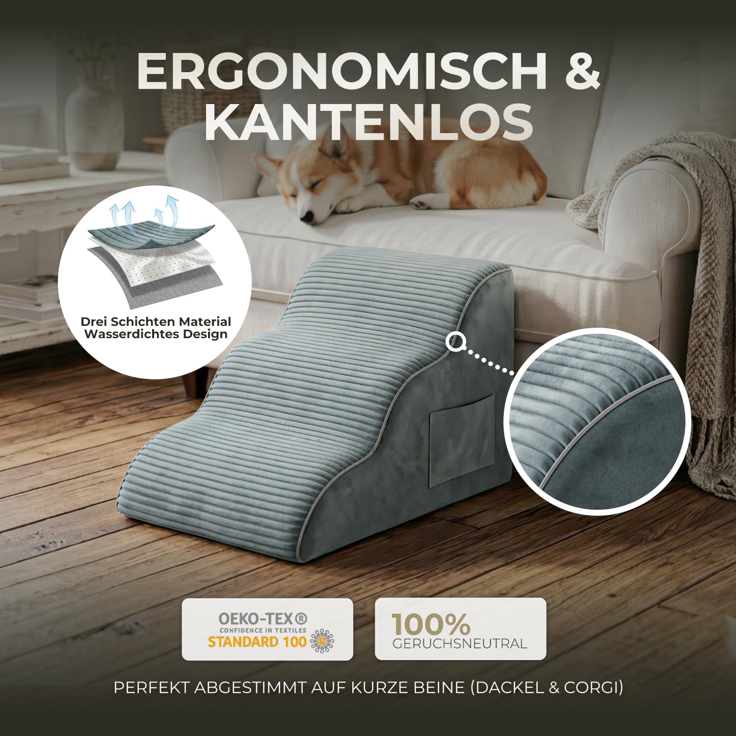 BEST JAJA Hundetreppe 3 Stufen mit Kanteneinfassung – formstabil und rutschfest, 40 cm hoch für Bett und Sofa, mit Seitentasche und Tragegriff – für kleine Hunde, Dackel und Katzen(Grau)