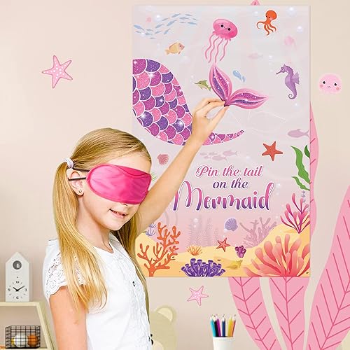 Miniatura 3 de Atiloy Juego de fiesta de Pin The Tail on The Mermaid con 32 calcomanías de cola reutilizables, recuerdos de fiesta de sirena para niñas,