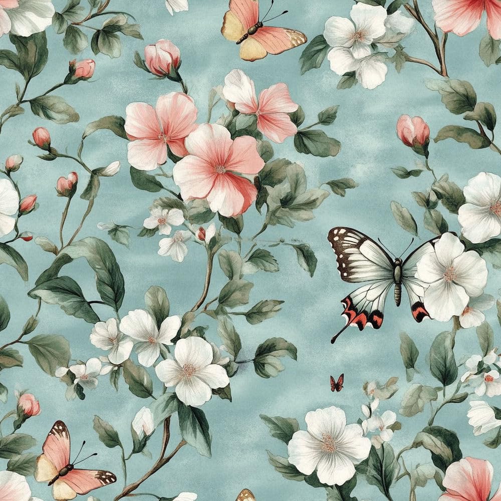 Jiaoqss B Self Adhesive Wallpaper Vintage Teal Green Flowers Stick On Wallpaper Lily Utterfly Wallpaper For Living Room Edroom Waterproof Art Deco Wallpaper Vinyl Wallpaper Sticky Ack Plastic