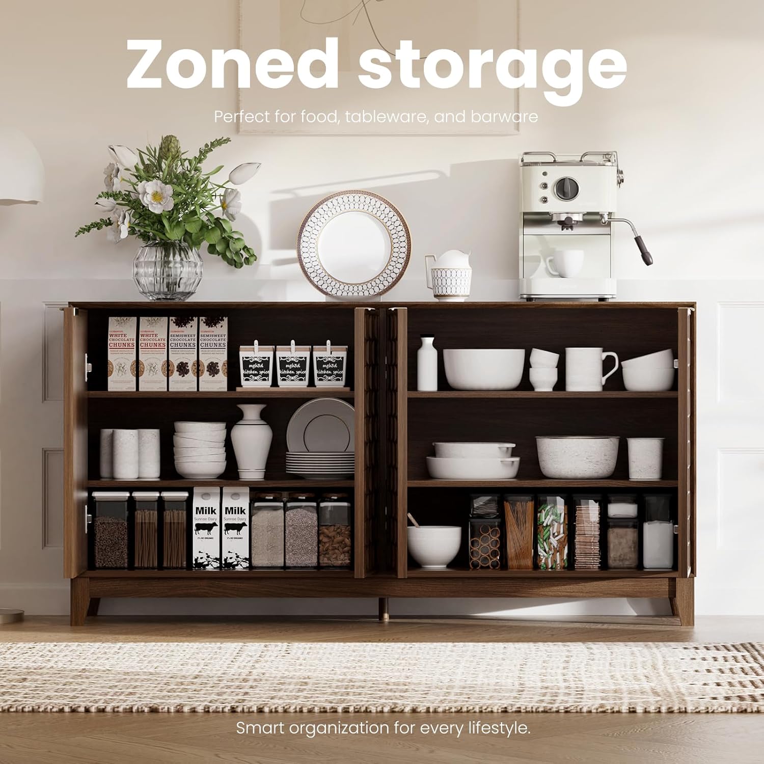 COLAMY Fluted Sideboard Cabinet with Storage – Solid Wood Buffet for Dining Room, Credenza Console with Adjustable Shelves, Walnut Finish, Mid Century Modern Style,Walnut Black - Image 4