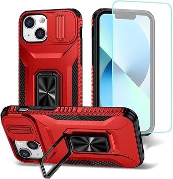iPhone 12 Mini Case iPhone 13 Mini Case with Tempered Glass Screen Protector and Sliding Camera Cover Rotating Ring Car Mount Shockproof Cover for iPhone 12