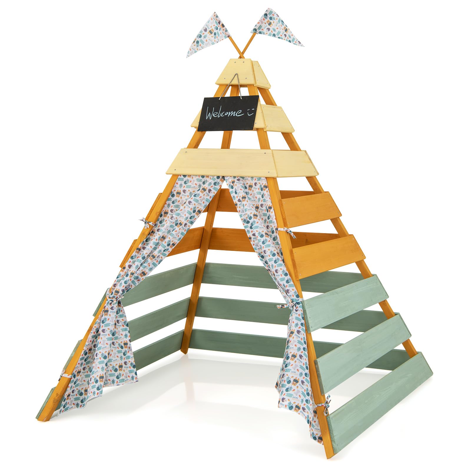 HONEY JOY Teepee Tent for Kids, Large Kids Play Tent w/Fir Wood Frame, Removable Chalkboard & Flags, Indoor Outdoor Playhouse Toddler Tent, 53.5