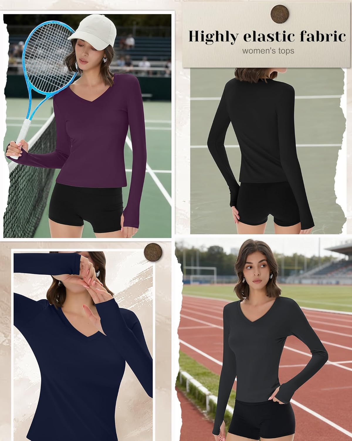 4 Pack Women's Compression Yoga Shirts with Thumb Holes Slim Fit Long Sleeve V Neck Tops Workout Gym Athletic Top - Image 6