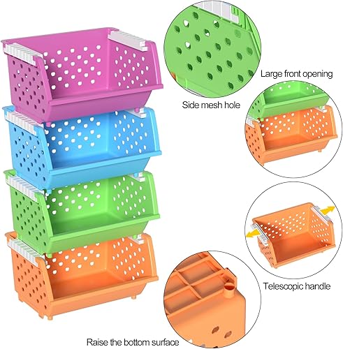 Miniatura 3 de Paquete de 4 cestas de almacenamiento de plástico apilables, apilables, con frente abierto