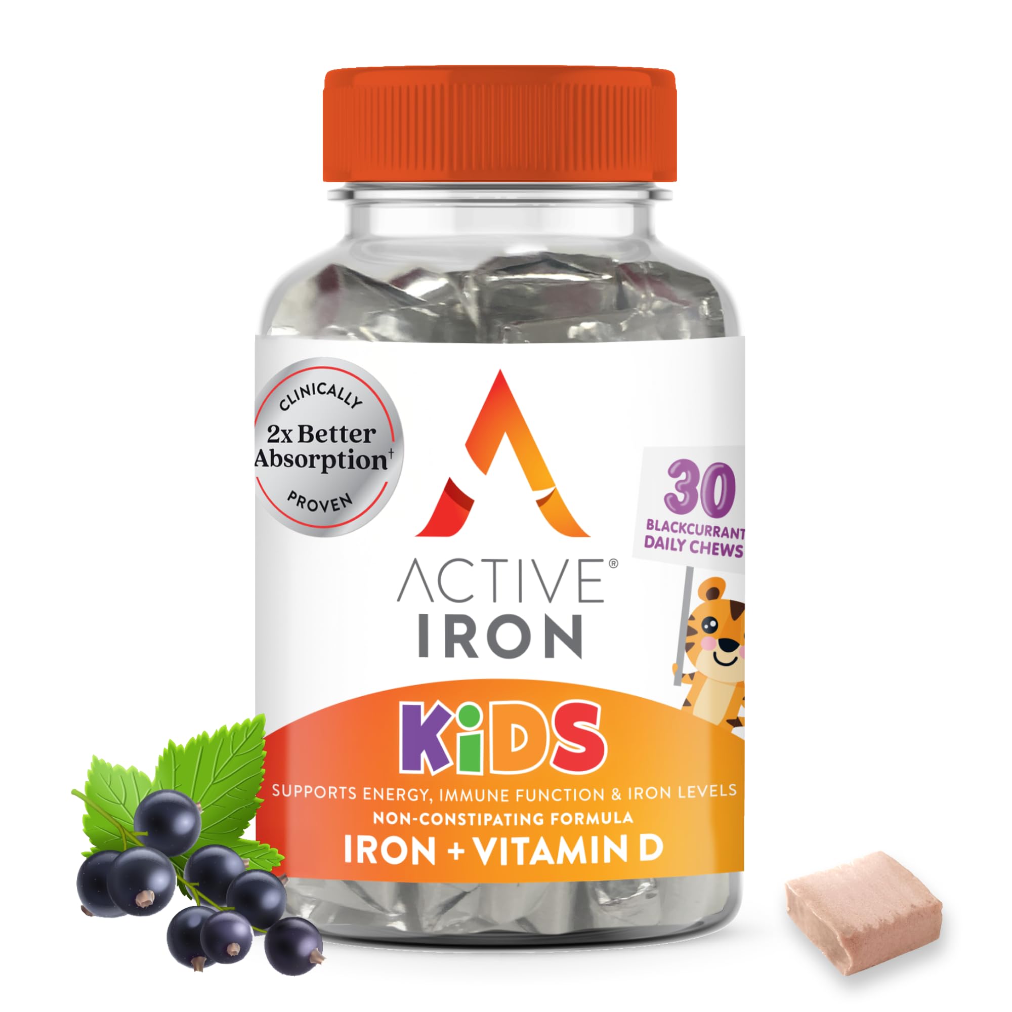 Active Iron Supplement 7mg + Vitamin D for Kids, Clinically Proven Better Absorption, Increase Iron & Energy Levels, Gentle & Non-Constipating, Supports Growth & Immune Health, 30 Blackcurrant Chews 30 Count (Pack of 1) Kids