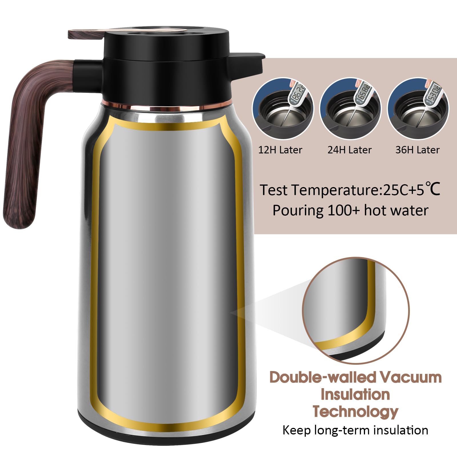 Jarra térmica de café de 68 onzas, jarras de acero inoxidable para líquidos calientes 36 horas, jarras de café aisladas para mantener el café caliente, agua caliente, té, bebidas calientes (plata)