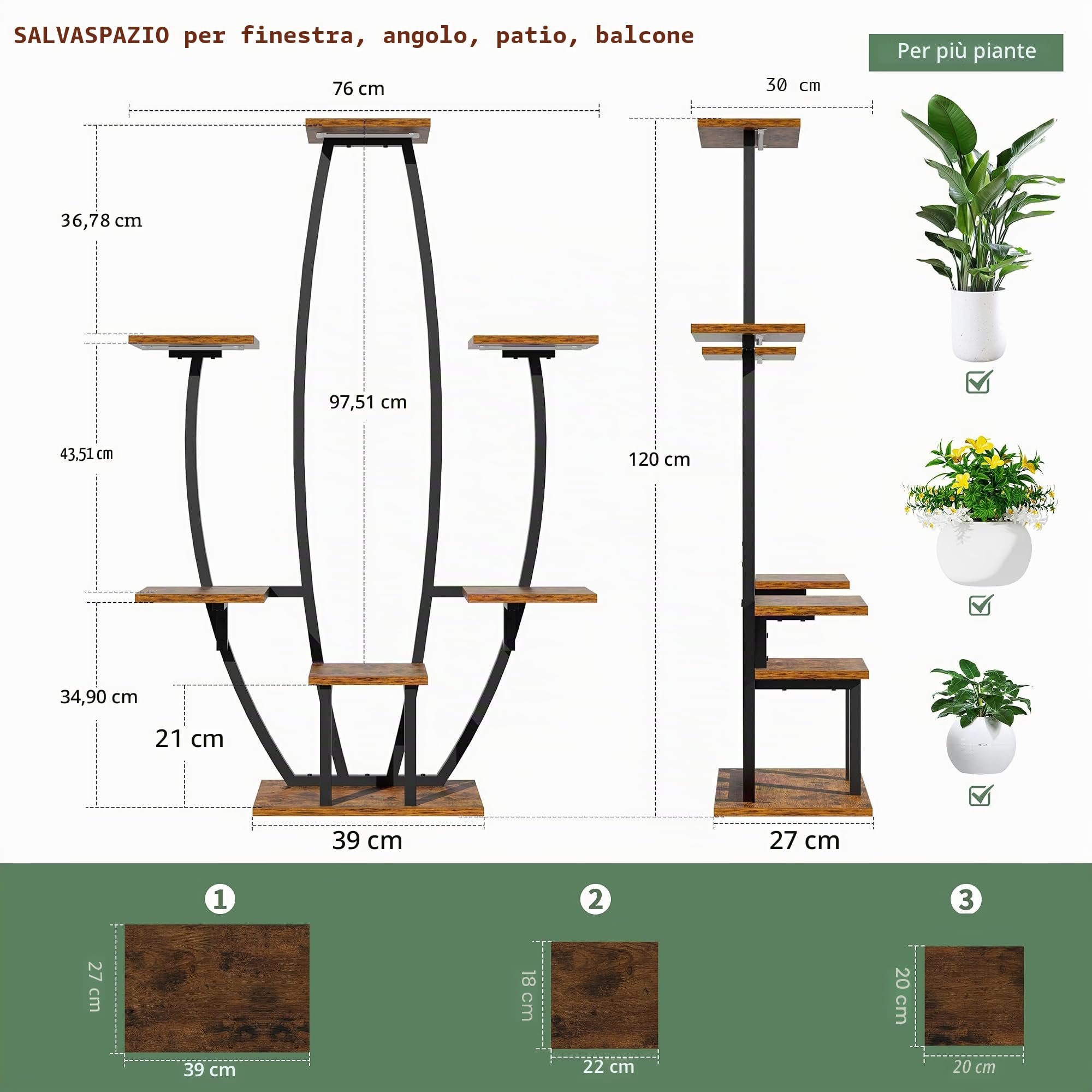 JUSTOGO Supporto per Piante da Interno con Luci di Crescita - Mensola per Piante da Interno Grande a 7 Ripiani, Supporti Angolari per Piante da 119 cm per Piante da Interno Multiple, Scaffale per