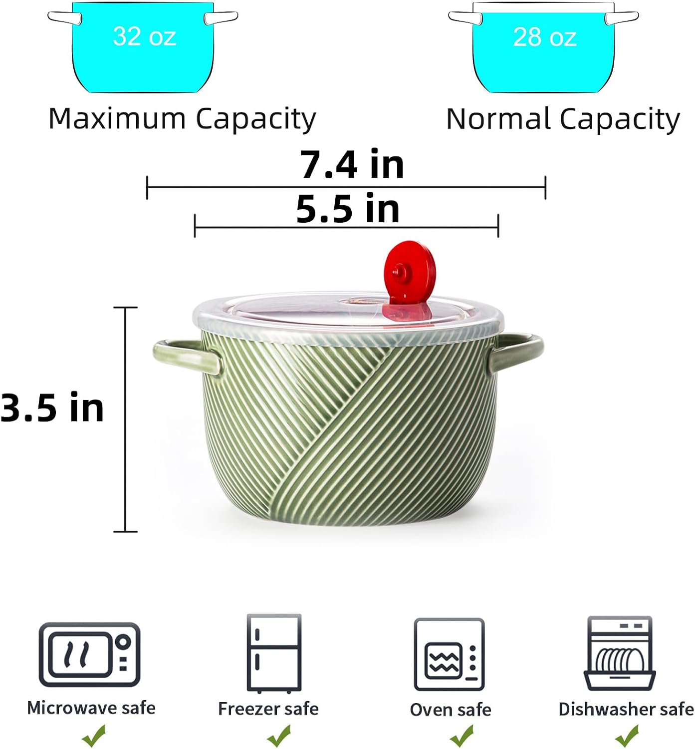 Ceramic Ramen Bowl with Lid, 32oz Microwave Safe, Green | Soup Bowl Set with Spoon & Chopsticks for Instant Food Noodle Office Lunch Dorm Living - Portable Storage