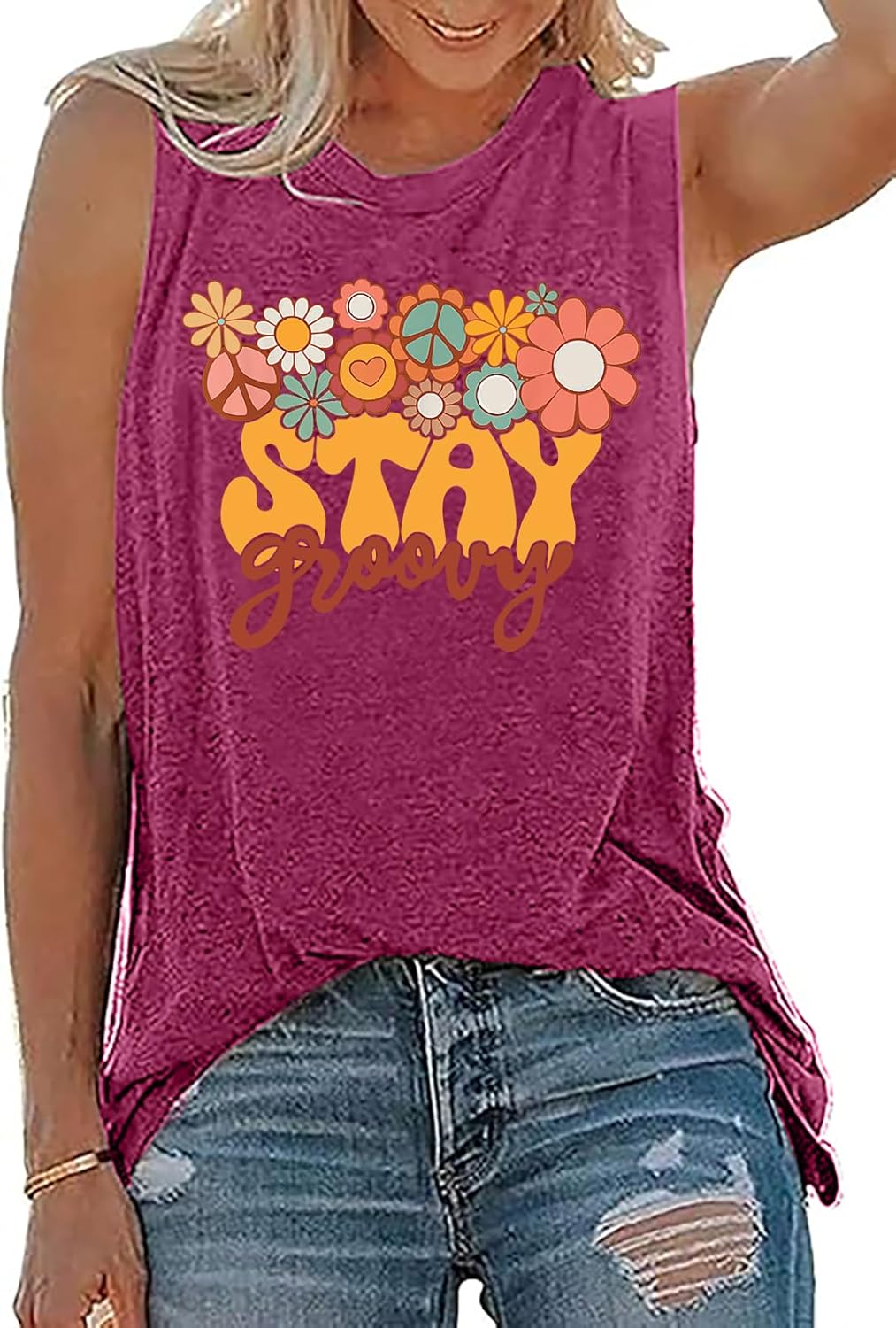 Retro Stay Groovy Tank Top Women Floral Graphic Tee Hippie Vintage 70s Disco Peace Casual Sleeveless Top - Image 2