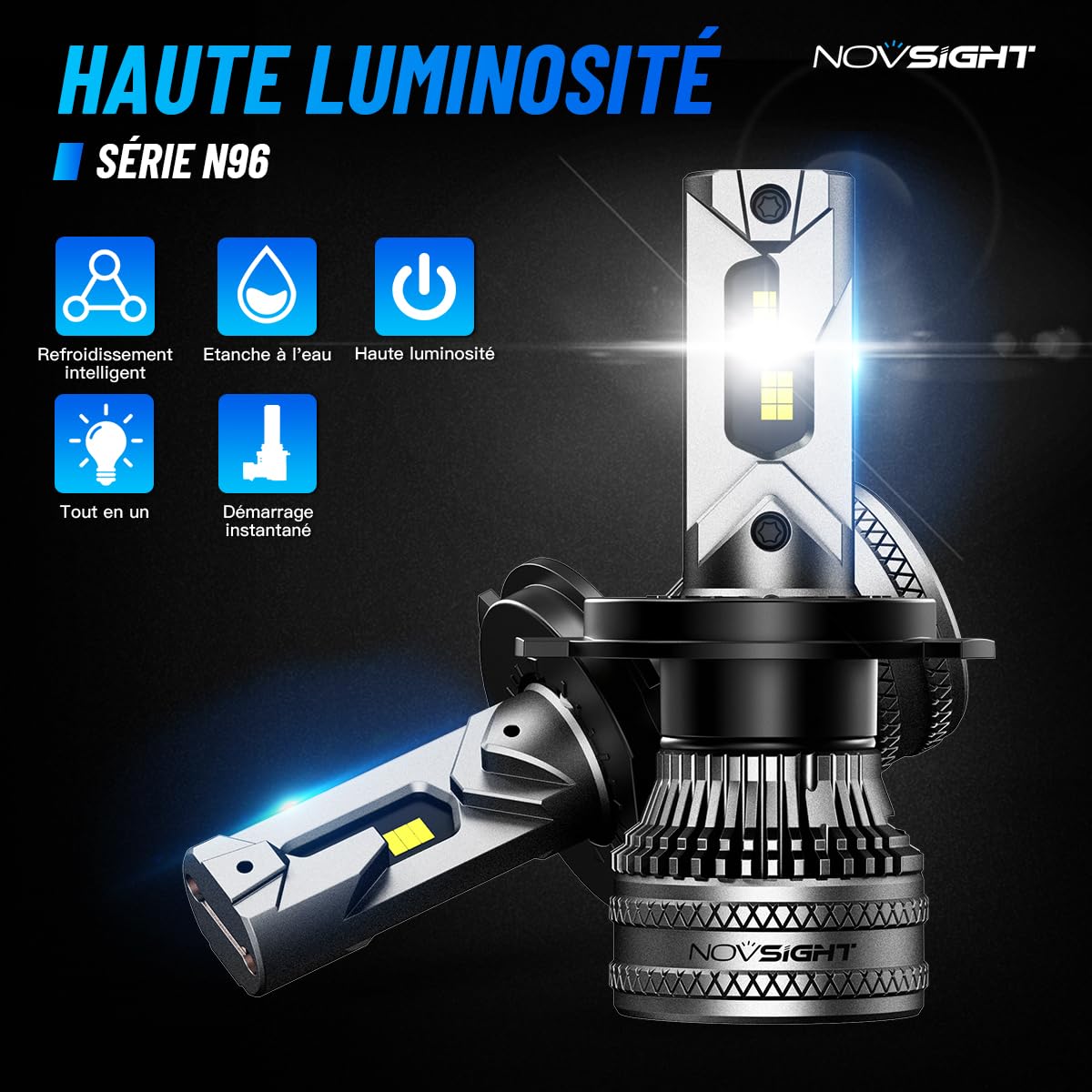 NOVSIGHT H7 LED Bulbs 45000LM Super Brighter Plug & Play | 200W, 6500K Lumière Blanche Forte, faisceau précis, turbo-ventilateur, 100 000 h, IP68, lot de 2