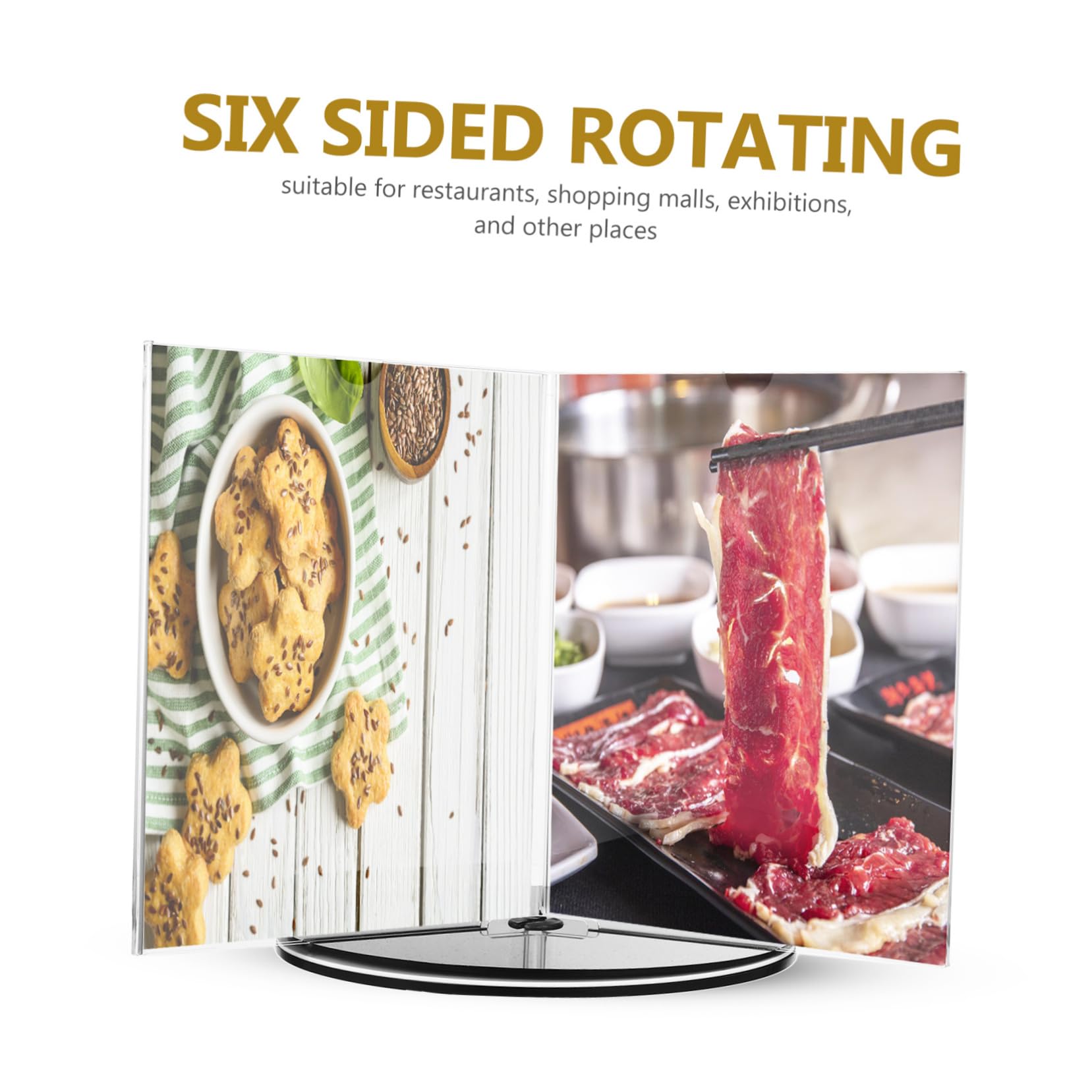 Portamenús de Acrílico A5 Giratorio de Seis Caras, 1 | Soporte de Escritorio para Precios y Letreros, Diseño Elegante para Buffets y Celebraciones