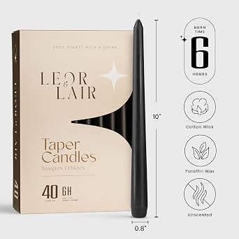 Leor & Lair Black Taper Candles, 40 Pack, 10 Inch Bulk Candlesticks