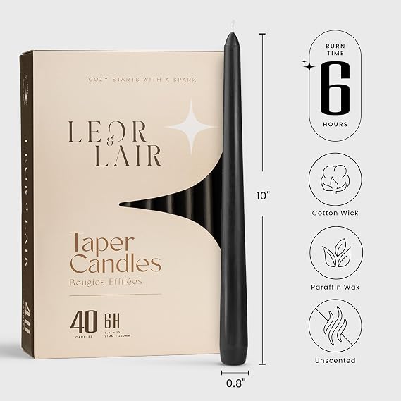 Leor & Lair Black Taper Candles, 40 Pack, 10 Inch Bulk Candlesticks