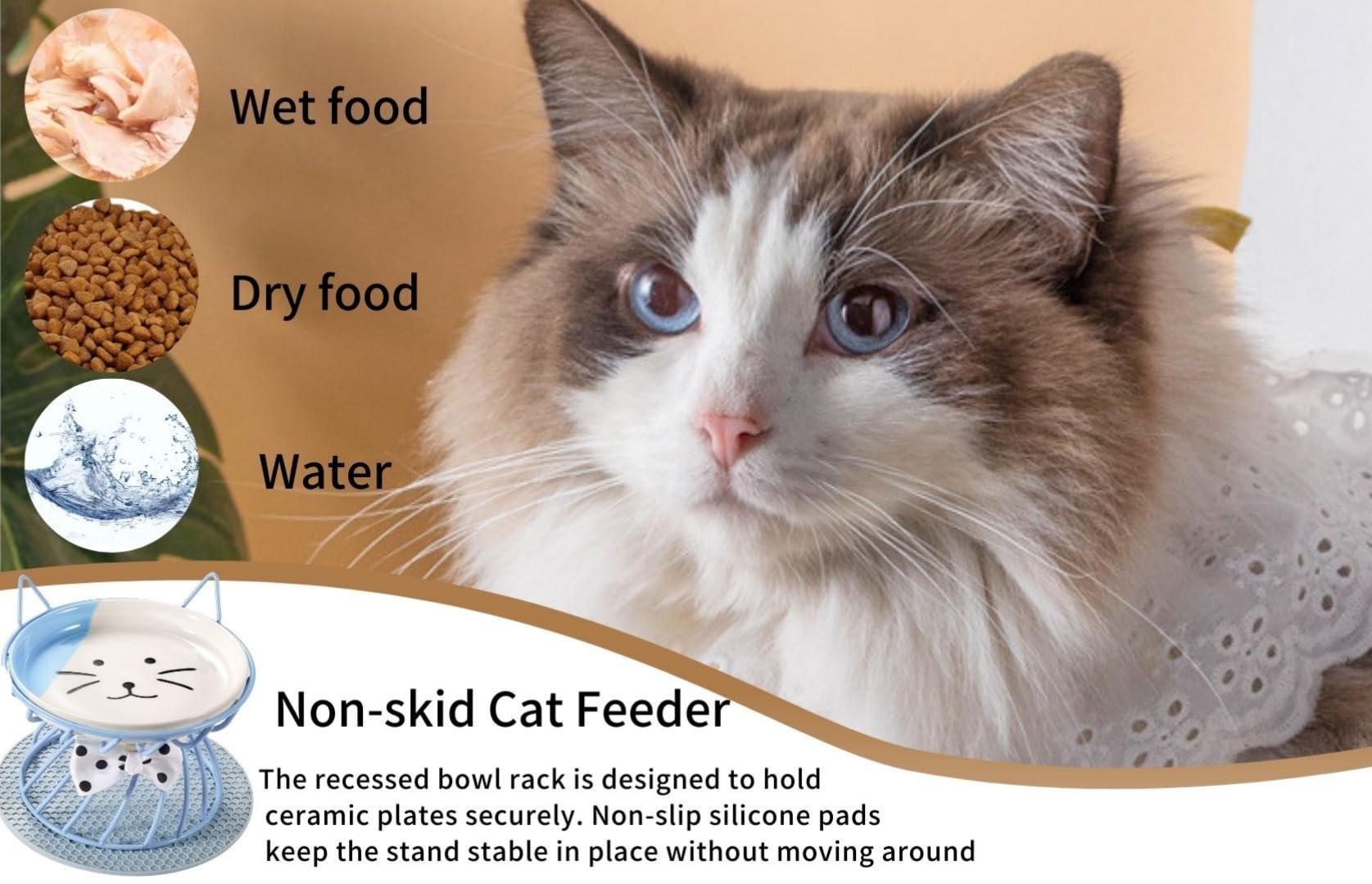 2 platos poco profundos de comida para gatos con alfombrilla antideslizante, cuenco elevado de comida para gatos con soporte de metal elevado, protege la columna vertebral del gato, cuenco