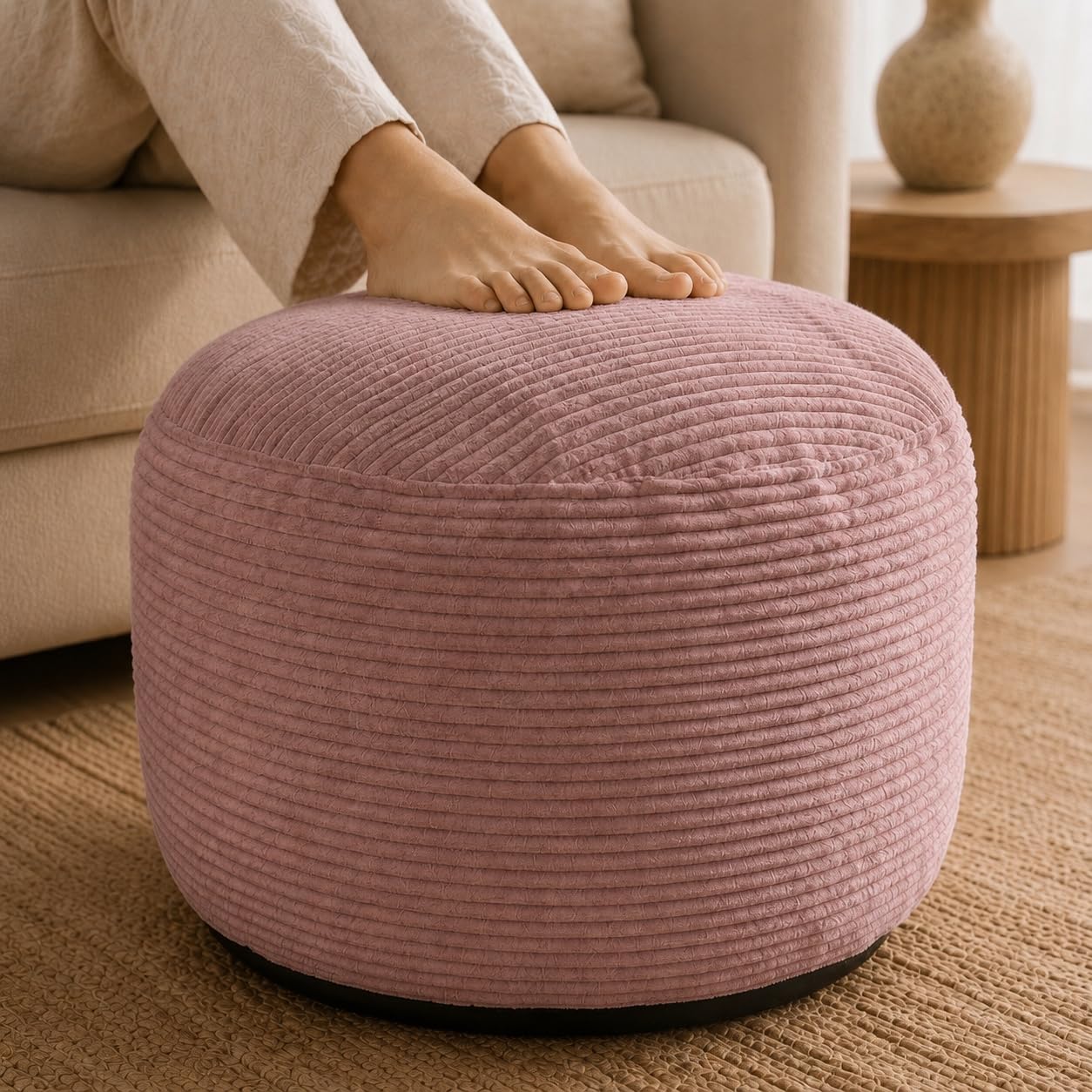 Stuffed Pouf Ottoman,Corduroy Foot Rest,Dusty Rose,24 Inch