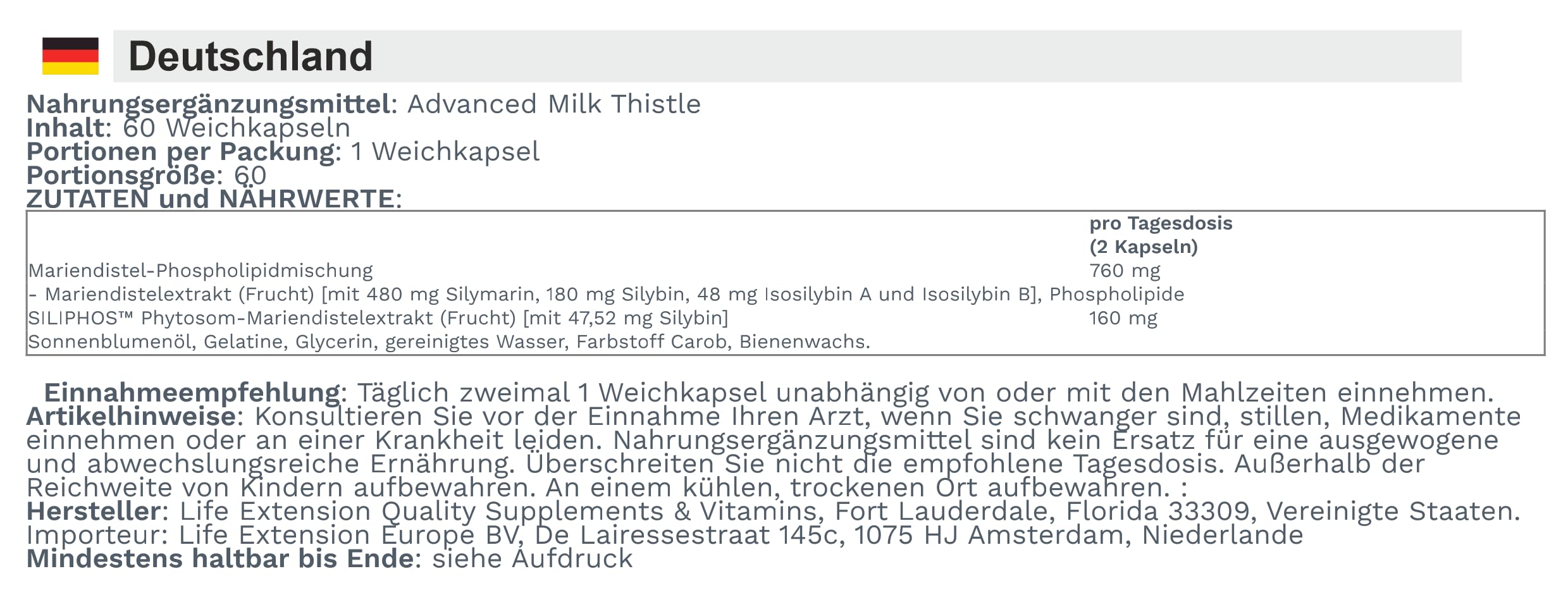 Life Extension - Advanced Milk Thistle | Unterstützung für die Lebergesundheit mit patentierter Formel zur verbesserten Absorption - 60 Softgels